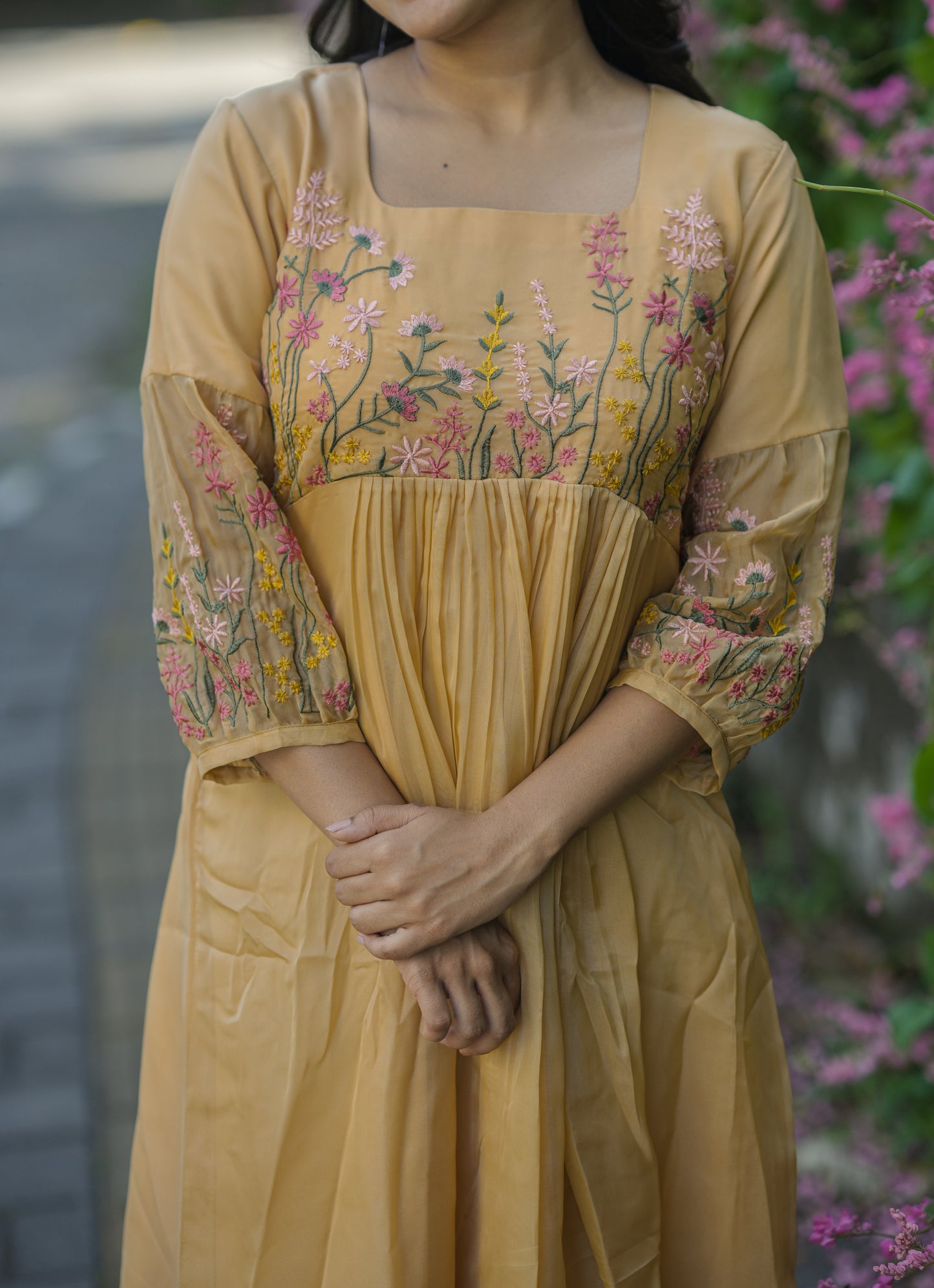 Sandal yellow soft organza kurti with floral embroidery detailings  on yoke and sleeves MBS-701