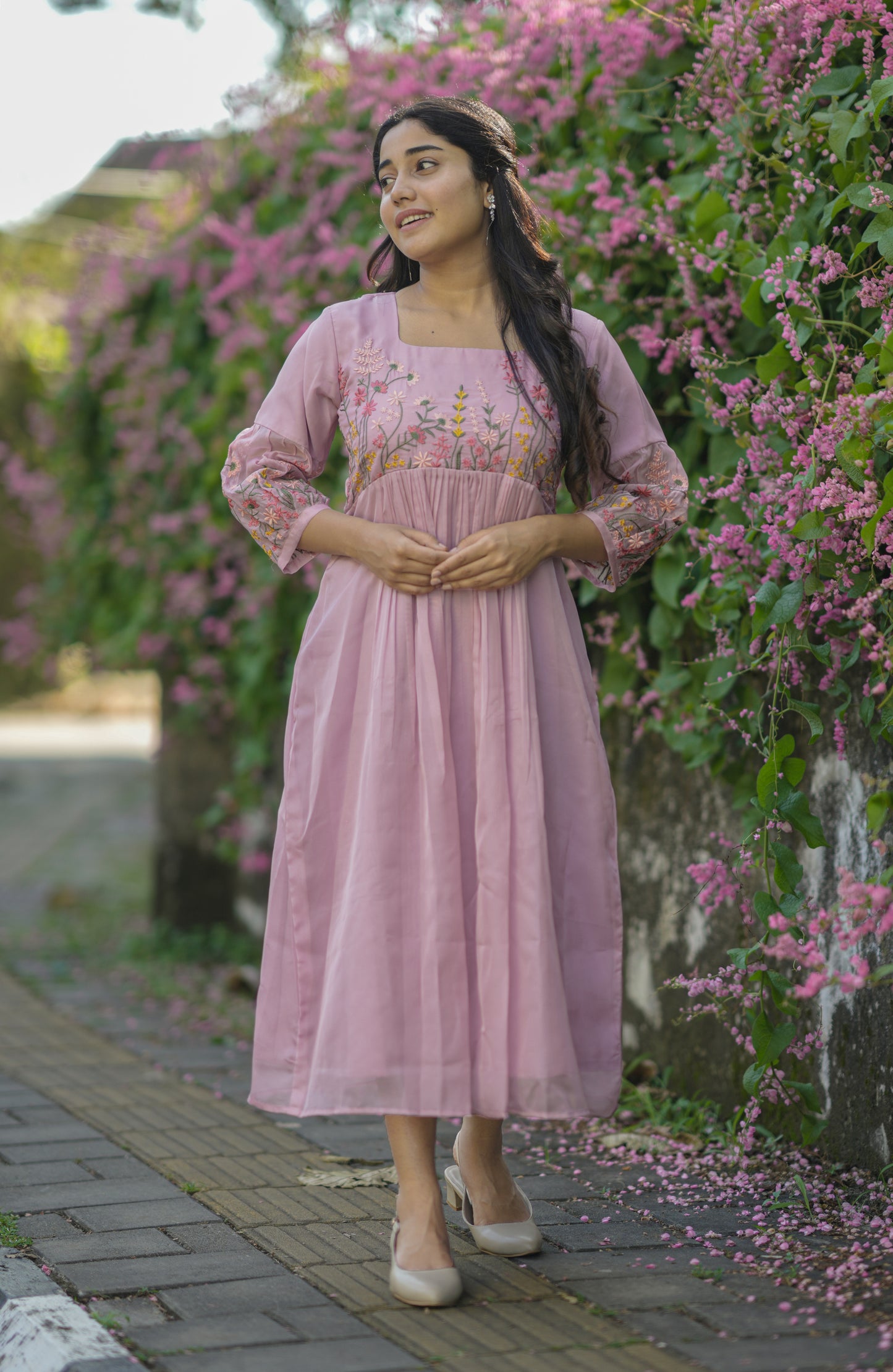 Pink soft organza kurti with floral embroidery detailings  on yoke and sleeves MBS-700