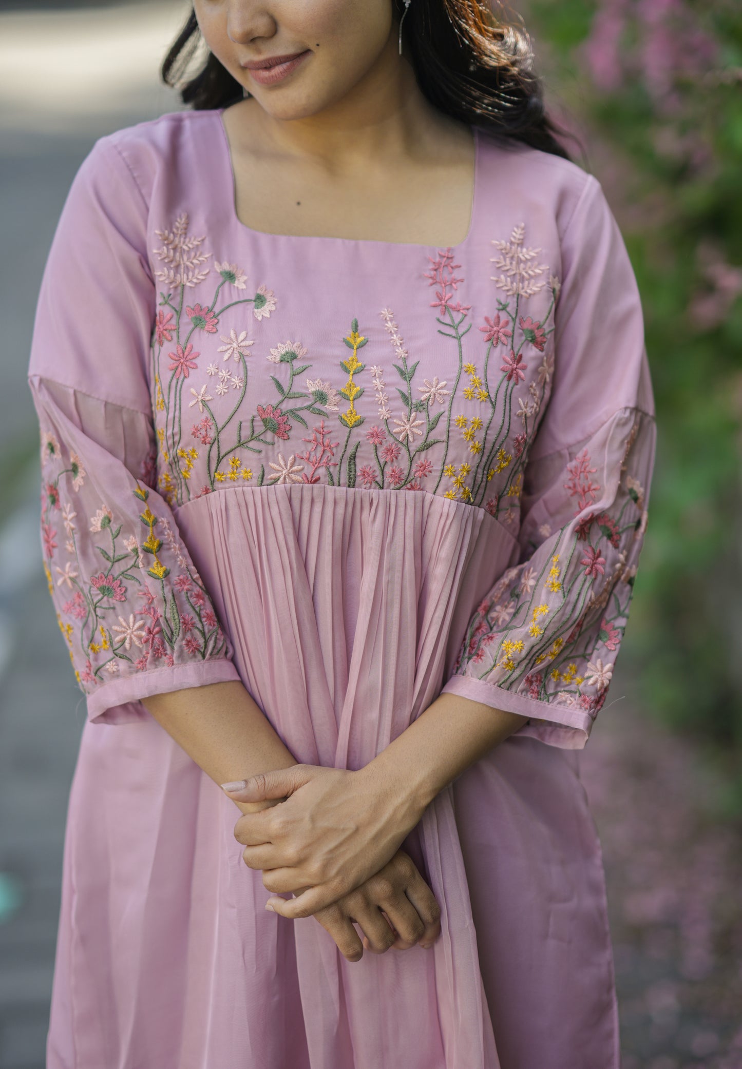 Pink soft organza kurti with floral embroidery detailings  on yoke and sleeves MBS-700