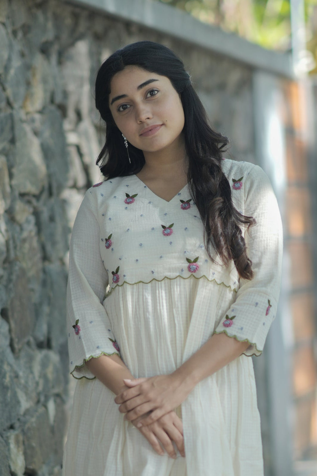 Off white soft cotton kota checks kurti/dress with overlapped yoke enriched with hand embroidery detailings MBS-708