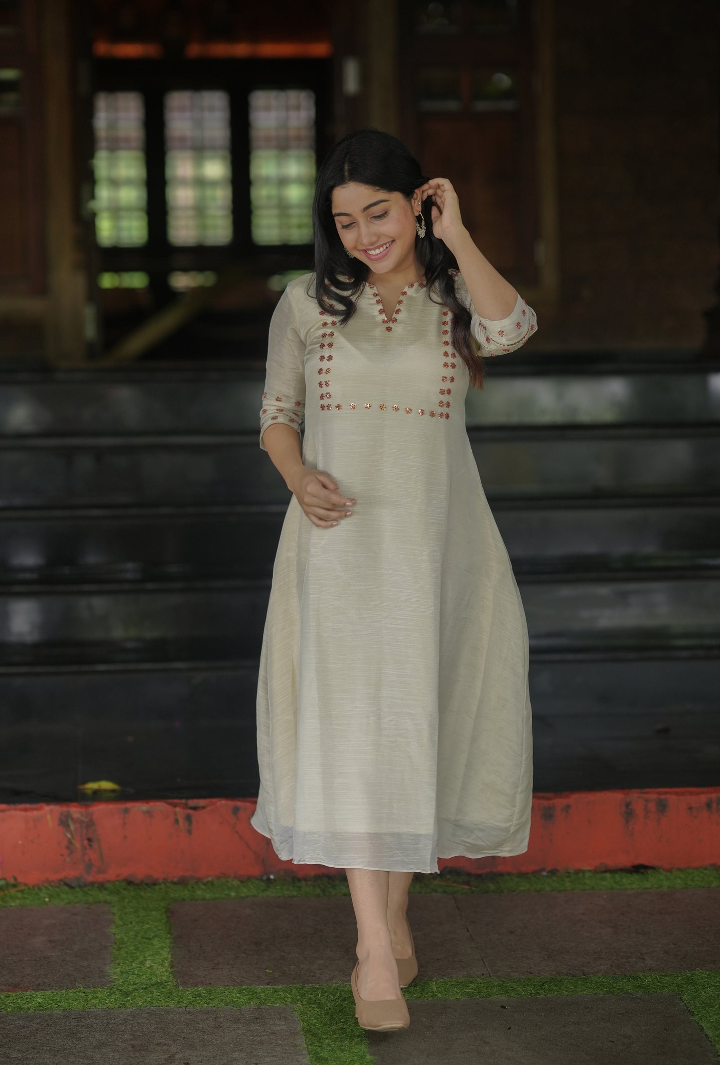 Pure slub tissue (dyeable) Aline kurti with sequins and sugar beads detailing on yoke and sleeves MBS-622