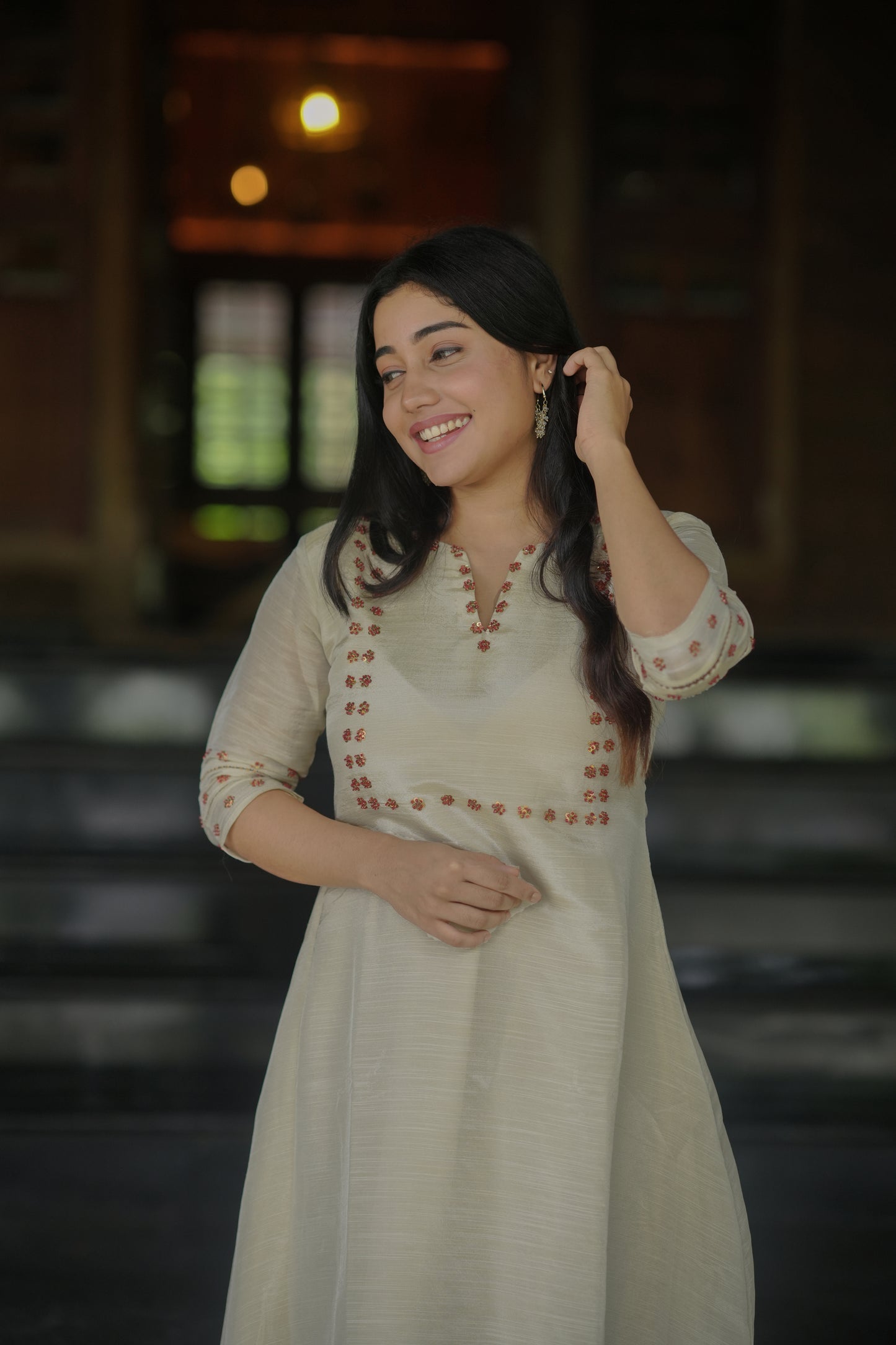 Pure slub tissue (dyeable) Aline kurti with sequins and sugar beads detailing on yoke and sleeves MBS-622
