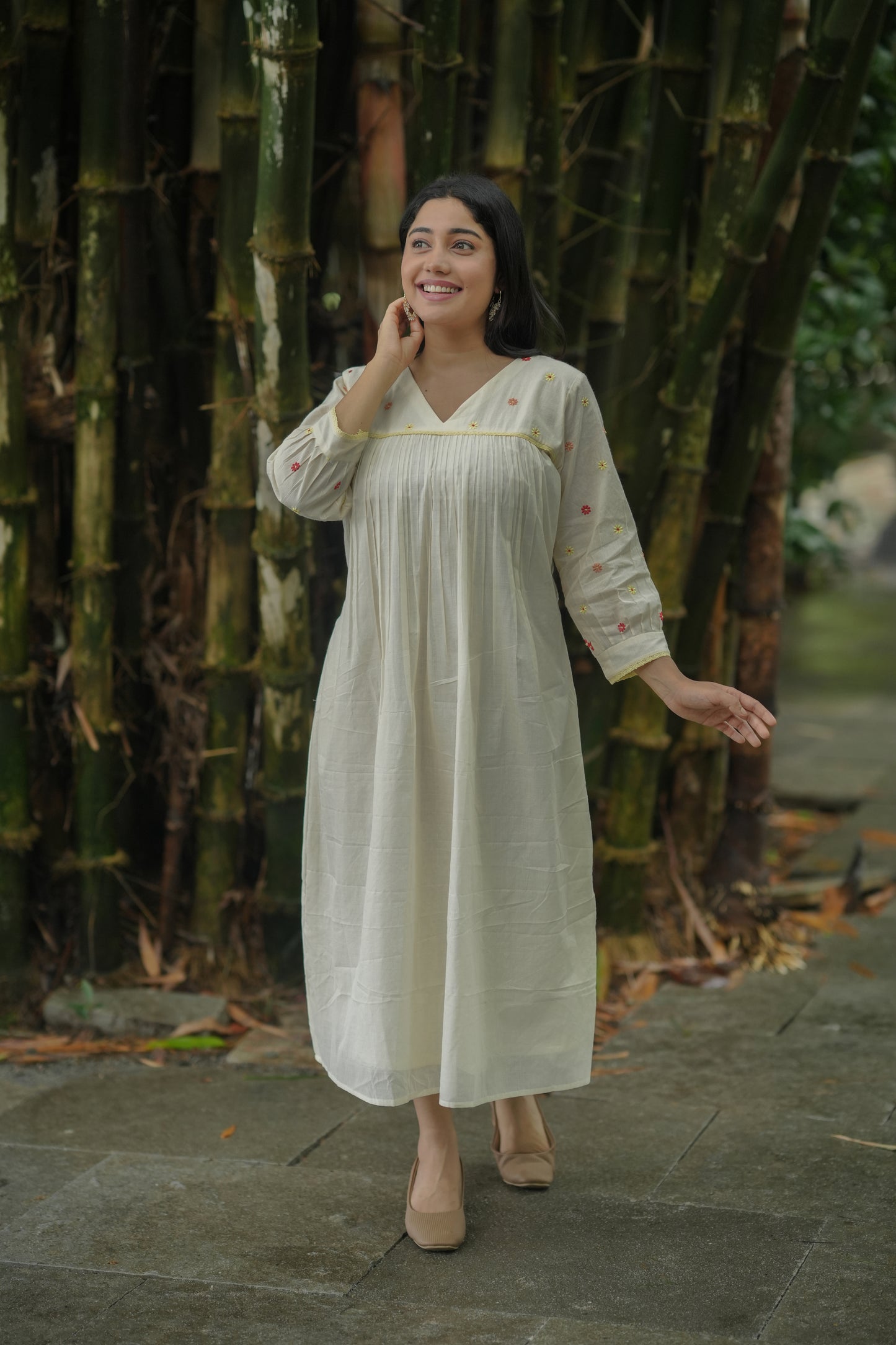 Kora cotton Aline kurti/dress with multi shaded floral embroidery and crochet lace detailings MBS-621