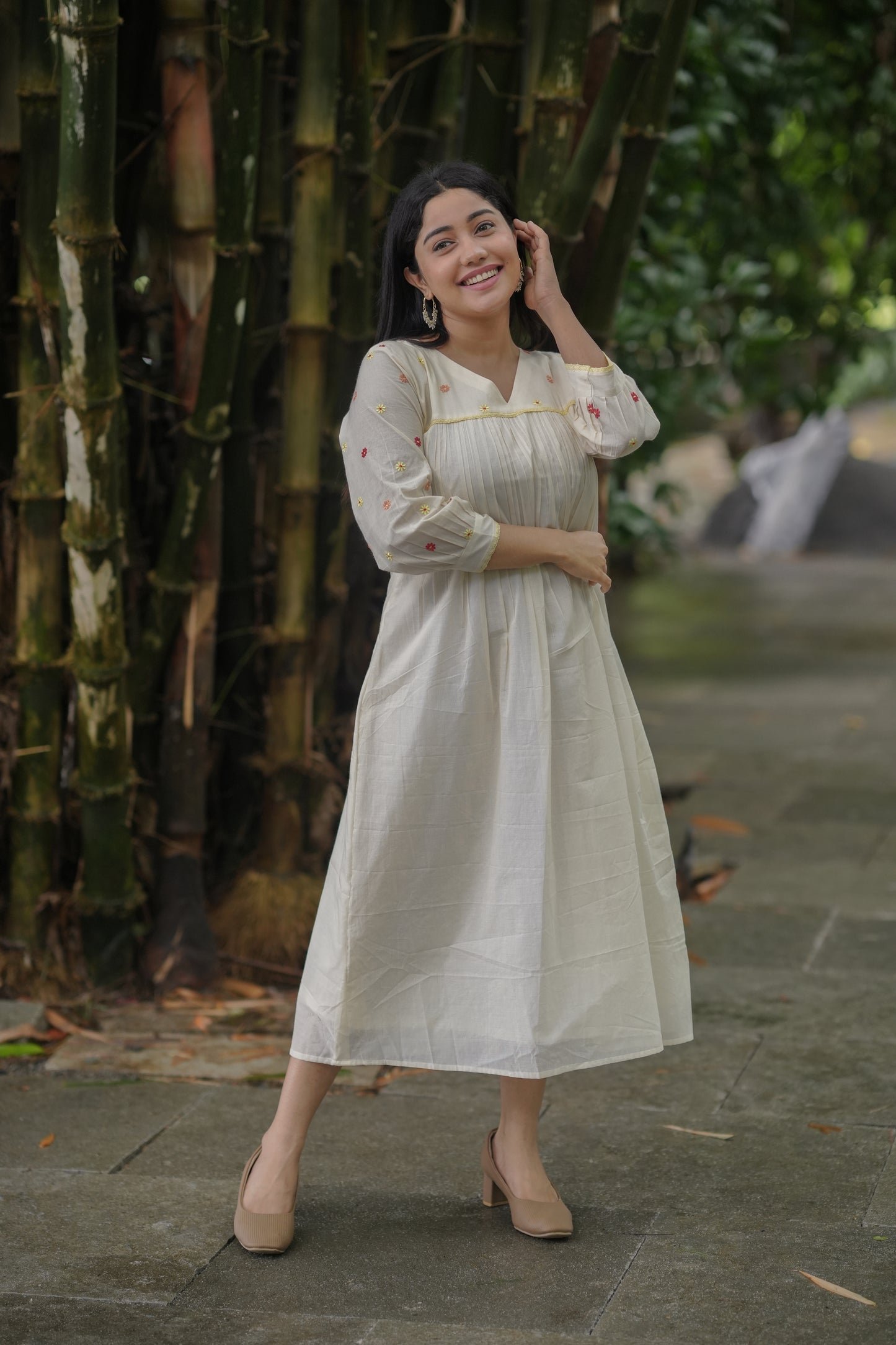Kora cotton Aline kurti/dress with multi shaded floral embroidery and crochet lace detailings MBS-621