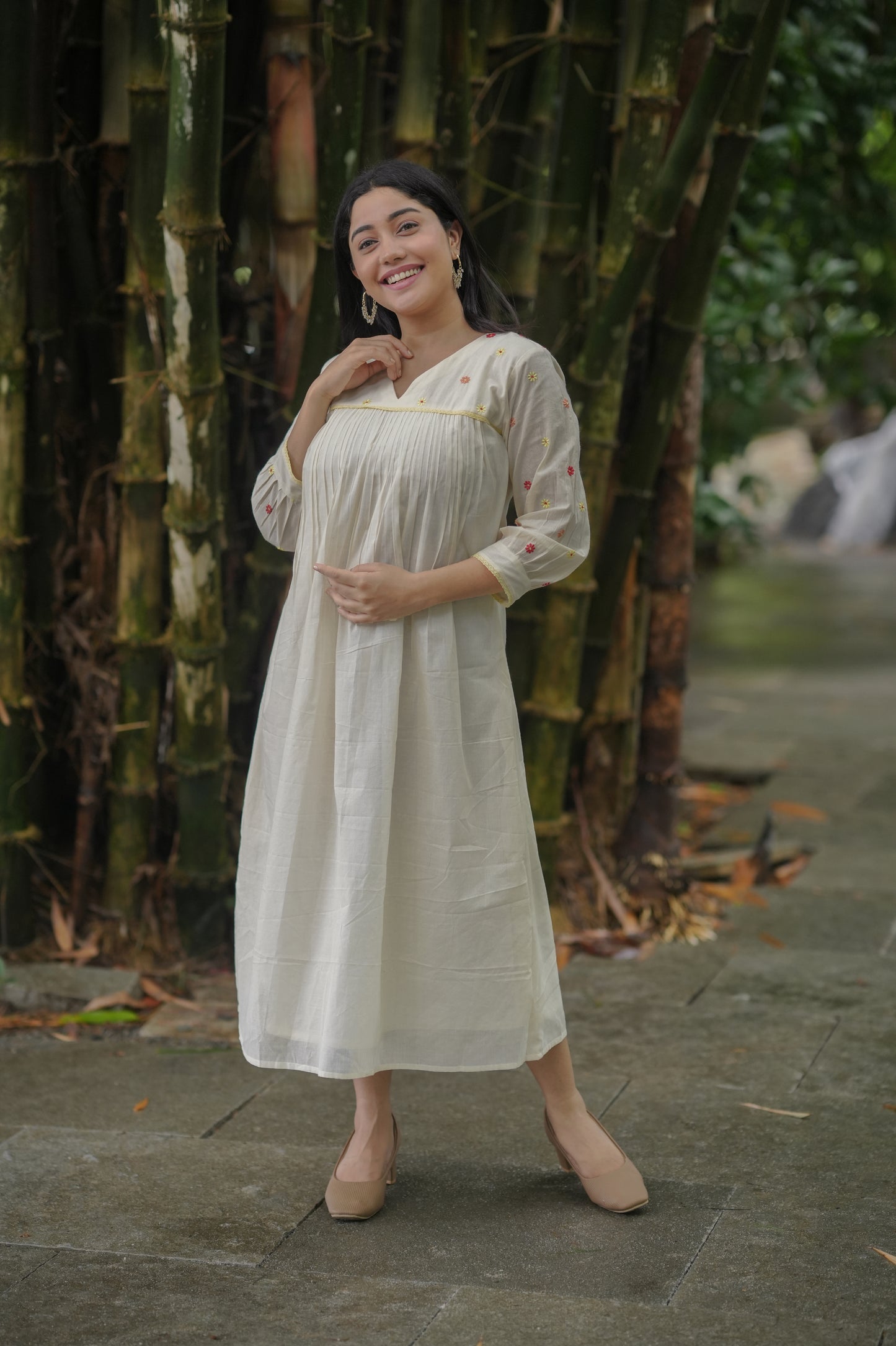 Kora cotton Aline kurti/dress with multi shaded floral embroidery and crochet lace detailings MBS-621