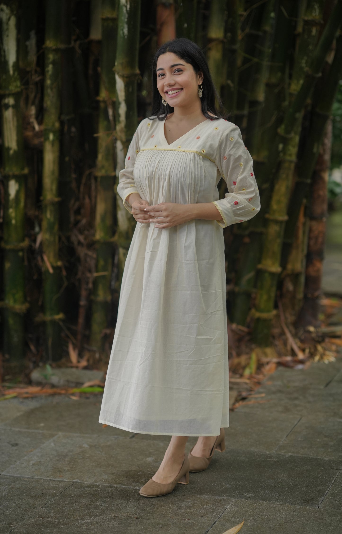 Kora cotton Aline kurti/dress with multi shaded floral embroidery and crochet lace detailings MBS-621