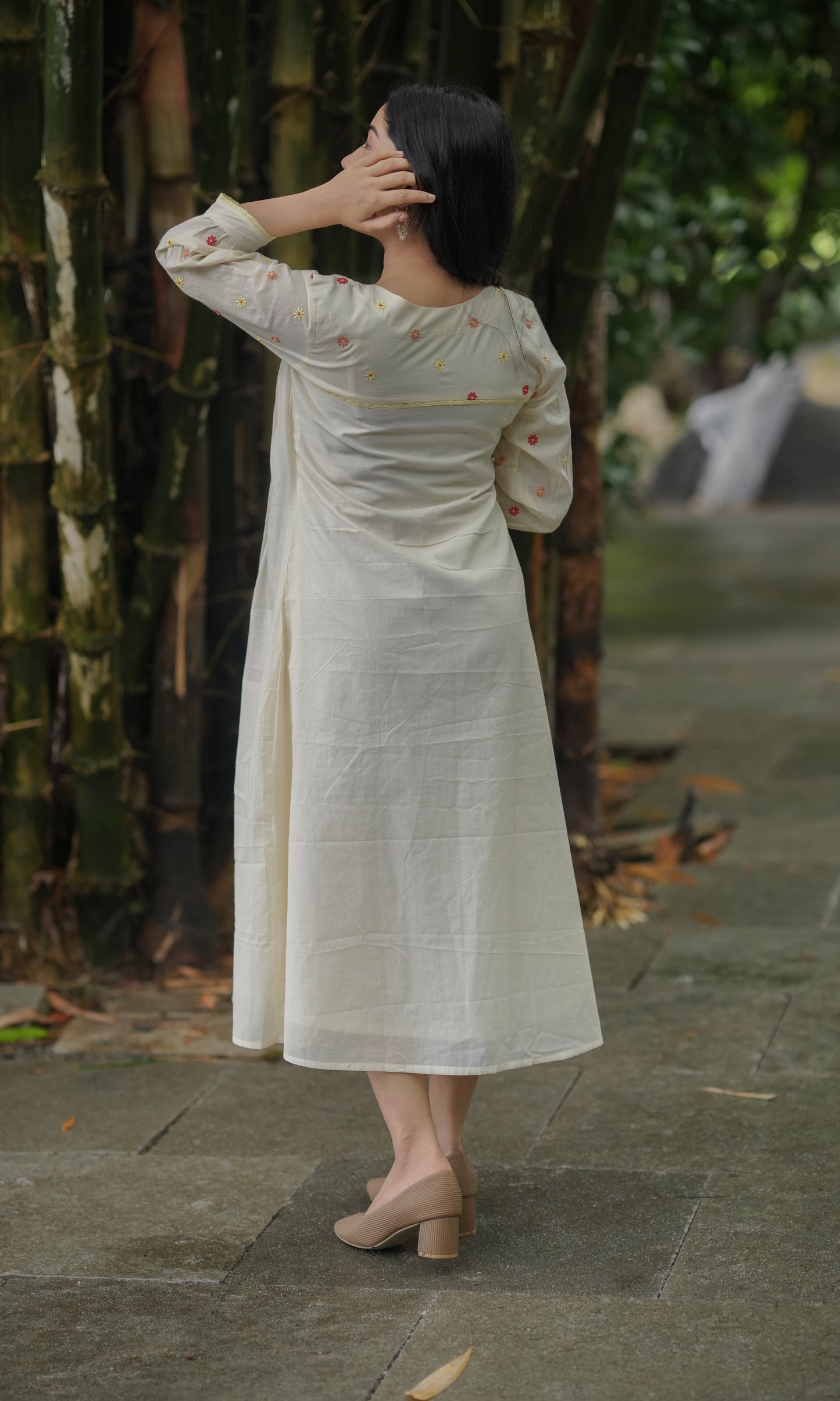 Kora cotton Aline kurti/dress with multi shaded floral embroidery and crochet lace detailings MBS-621