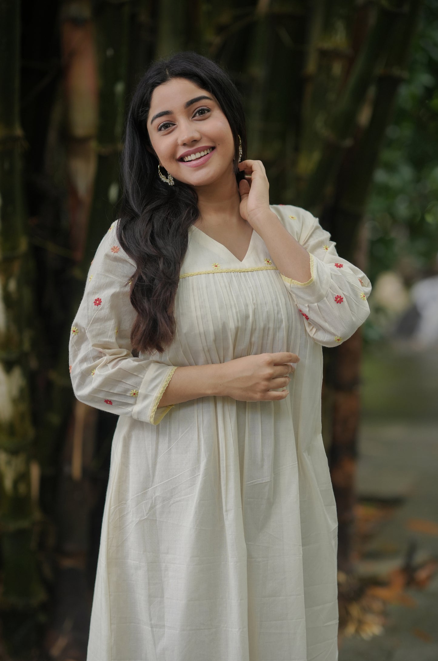 Kora cotton Aline kurti/dress with multi shaded floral embroidery and crochet lace detailings MBS-621