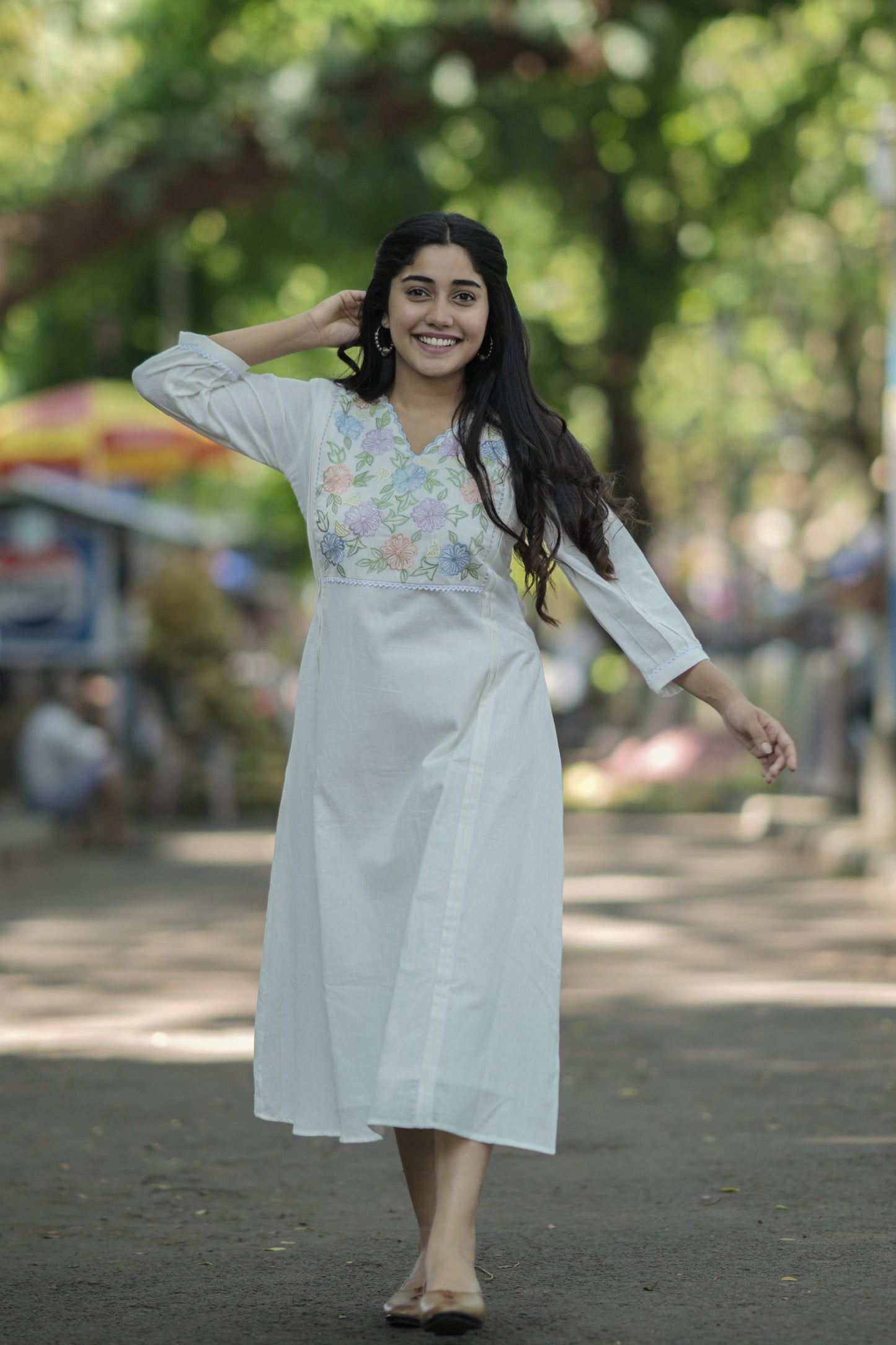 White cotton flex kurti with multicolour thread embroidery on yoke MBS-712