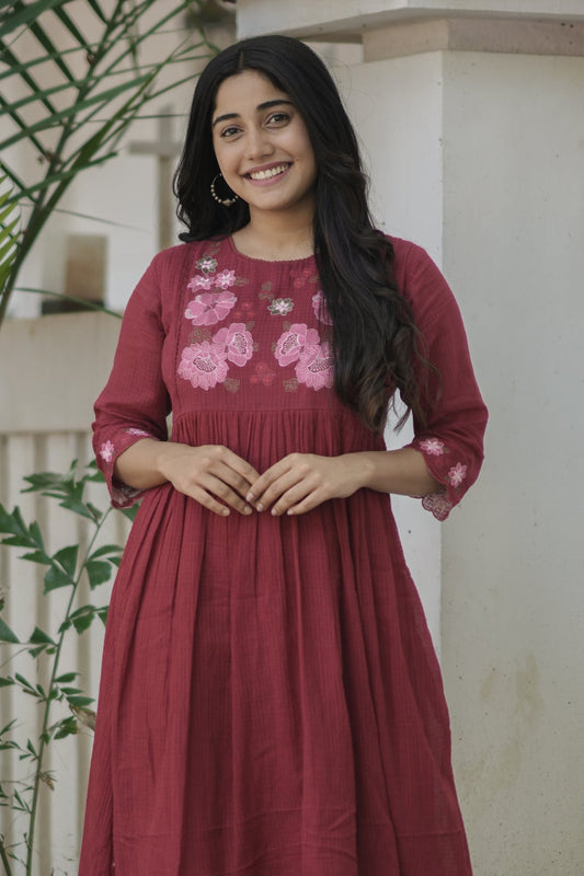 Meroon soft cotton kota checks kurti with floral embroidered yoke and crochet lace detailings MBS-699