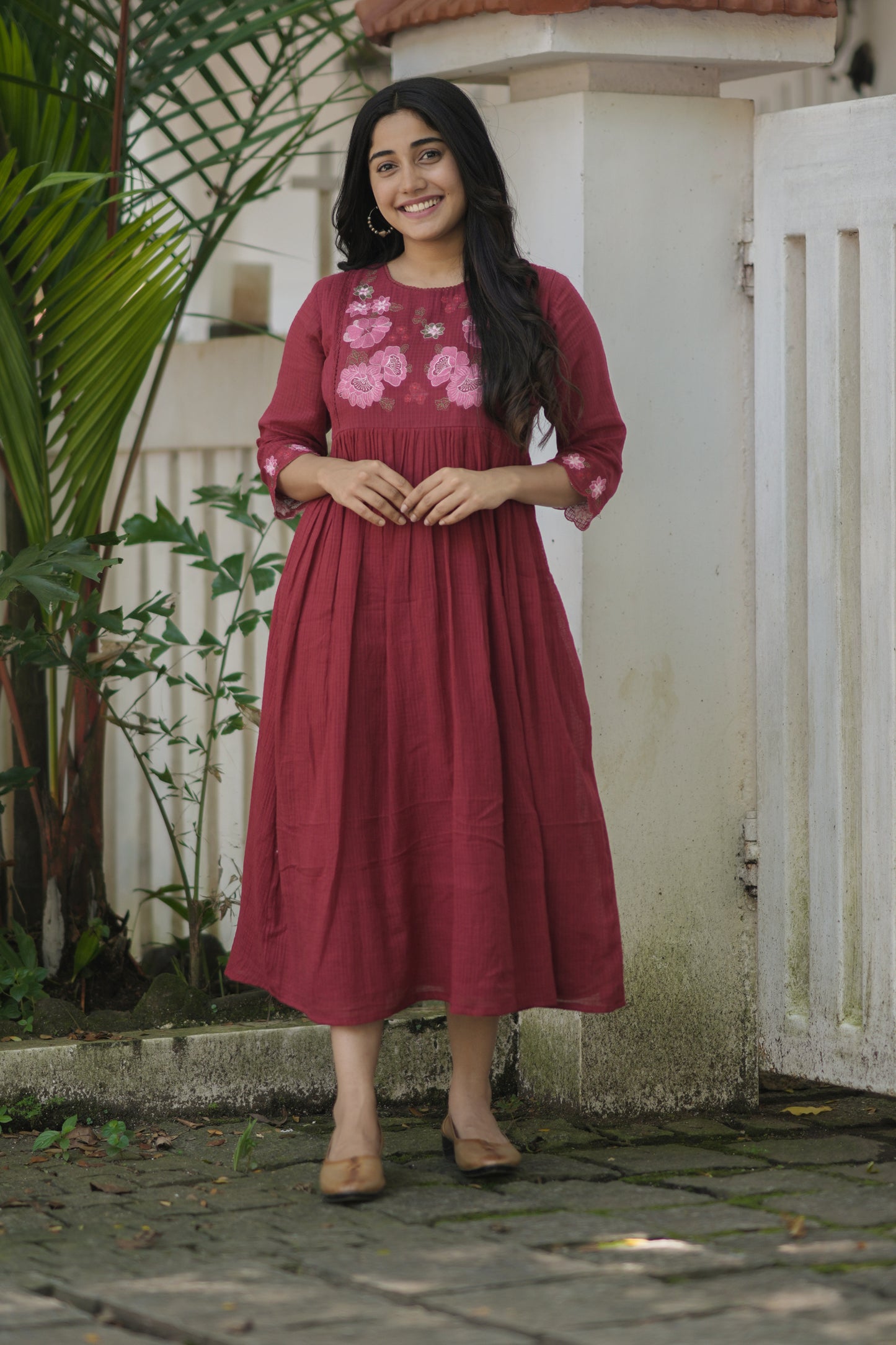 Meroon soft cotton kota checks kurti with floral embroidered yoke and crochet lace detailings MBS-699