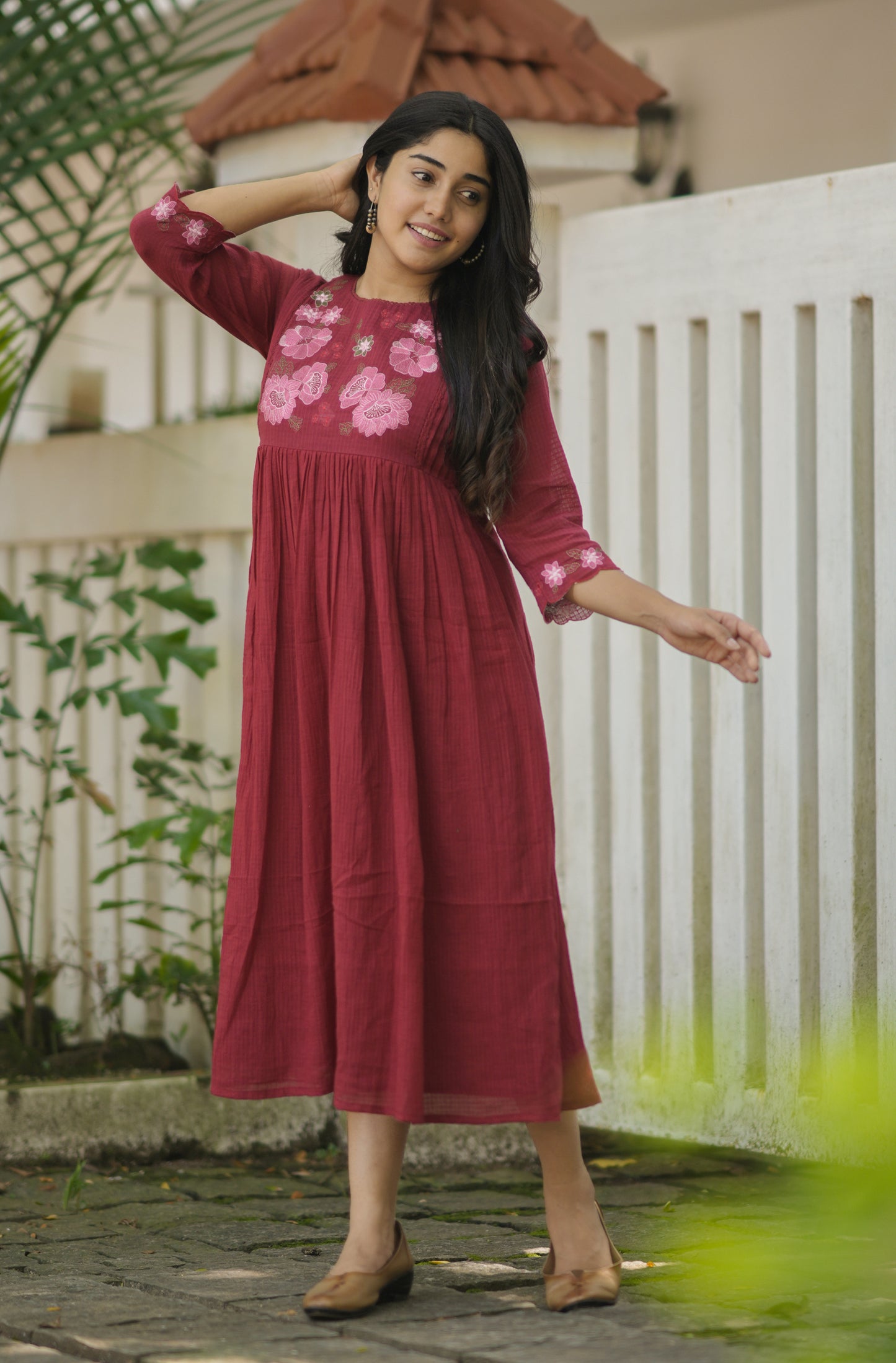 Meroon soft cotton kota checks kurti with floral embroidered yoke and crochet lace detailings MBS-699