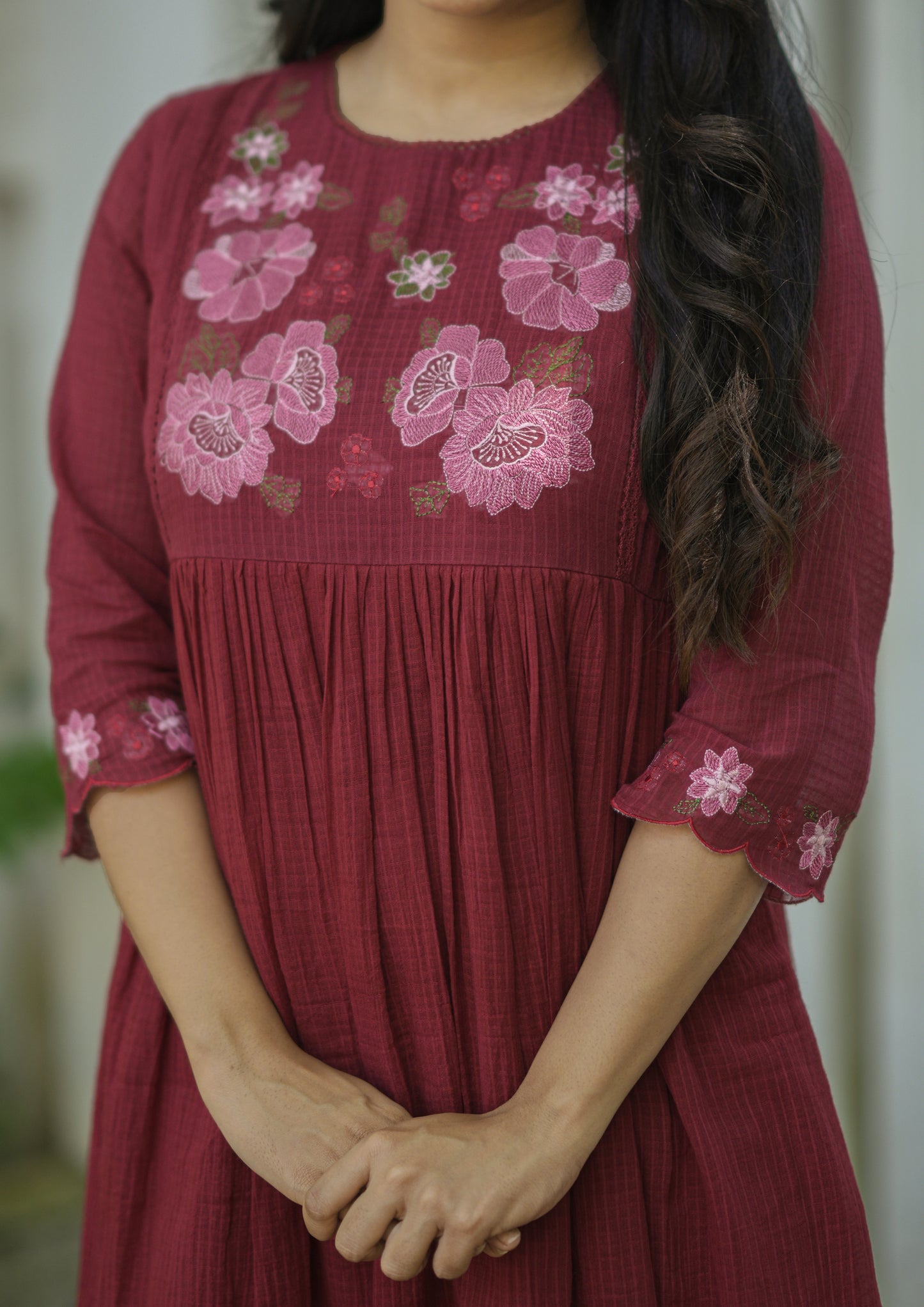 Meroon soft cotton kota checks kurti with floral embroidered yoke and crochet lace detailings MBS-699
