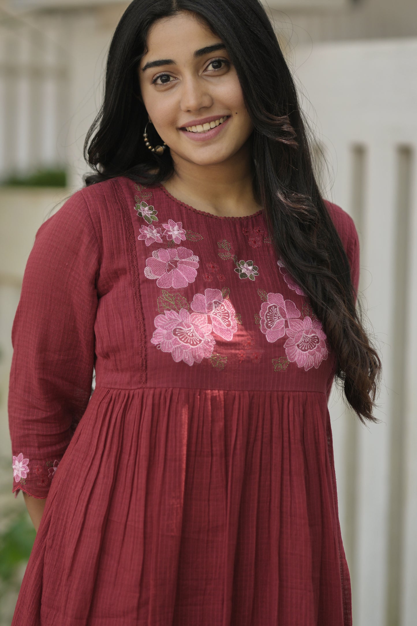Meroon soft cotton kota checks kurti with floral embroidered yoke and crochet lace detailings MBS-699