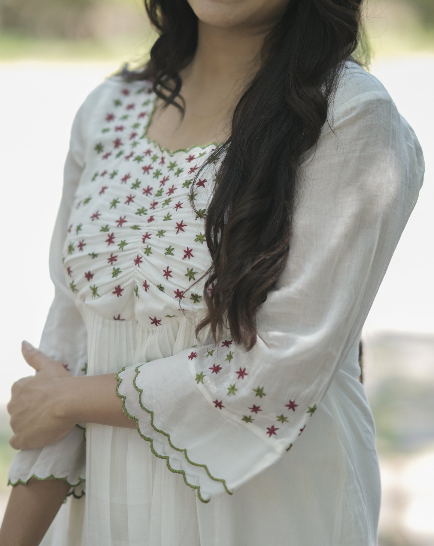 Soft mul cotton kurti with scalloped neckline and sleeves with floral thread embroidered yoke MBS-696