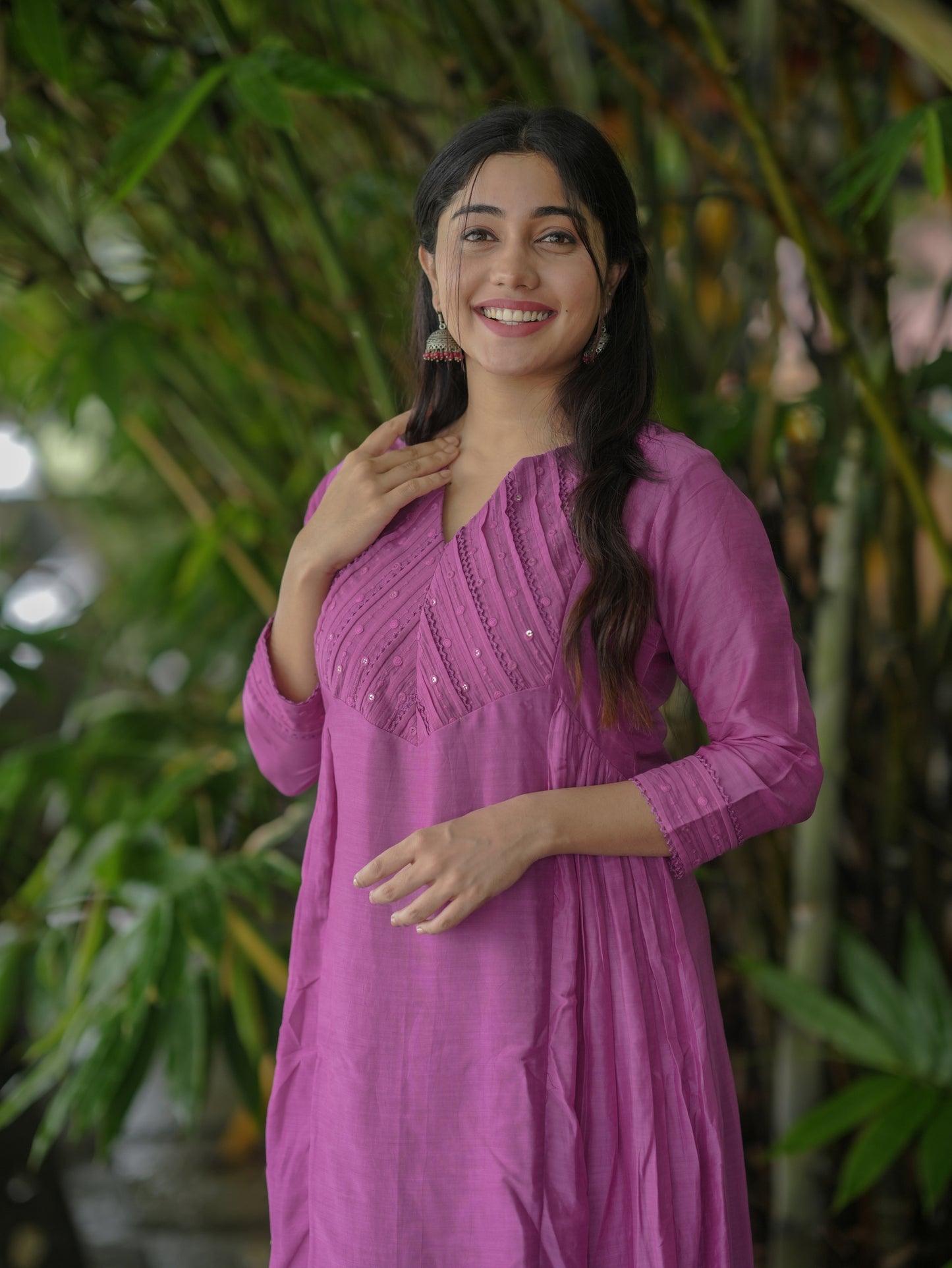 Pure viscose mul chanderi Aline kurti with pleated and lace detailed yoke in magenta shade MBS-653
