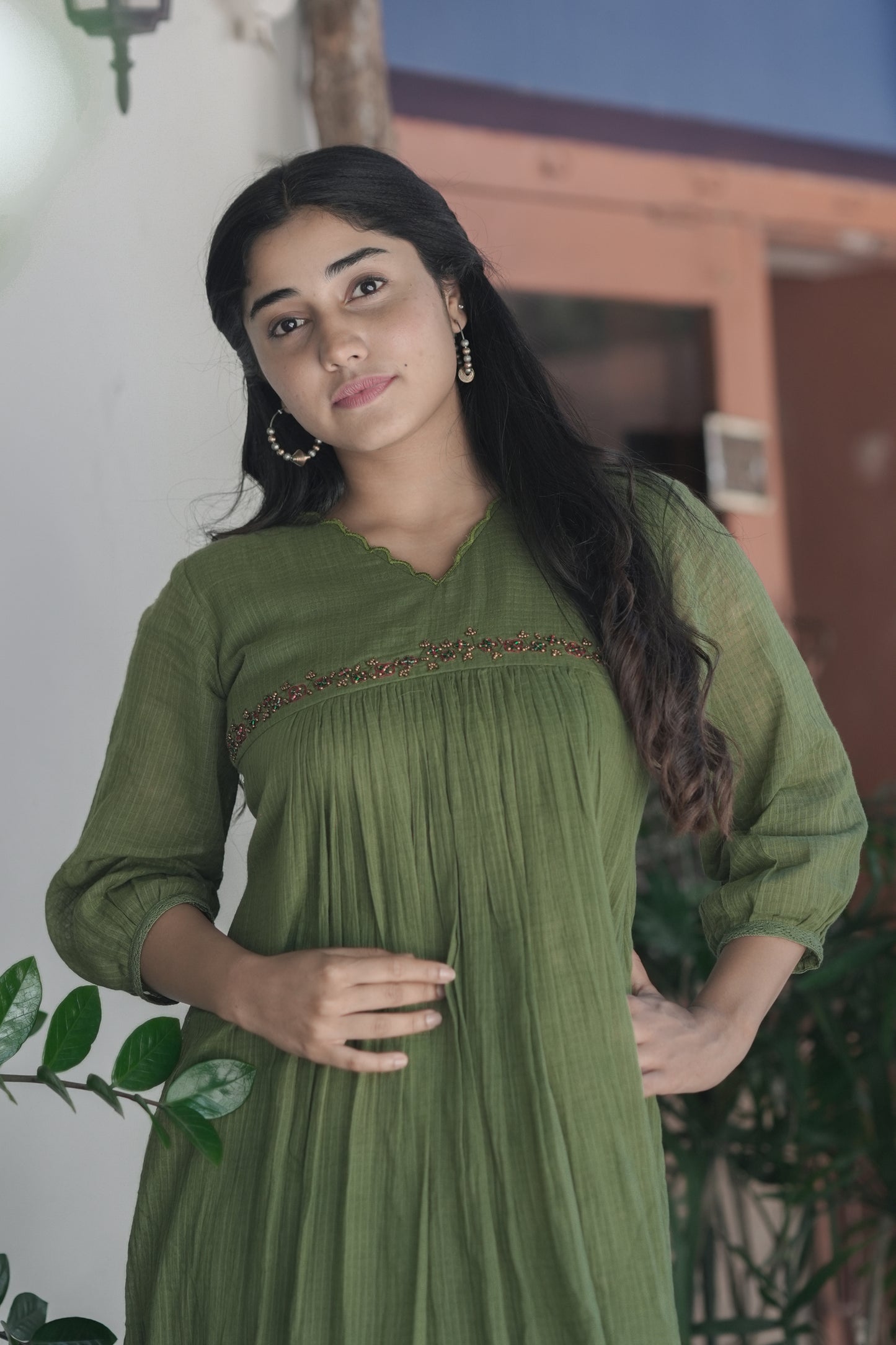 Green soft cotton kota checks kurti with scallopped neck and embroidered yoke MBS-694