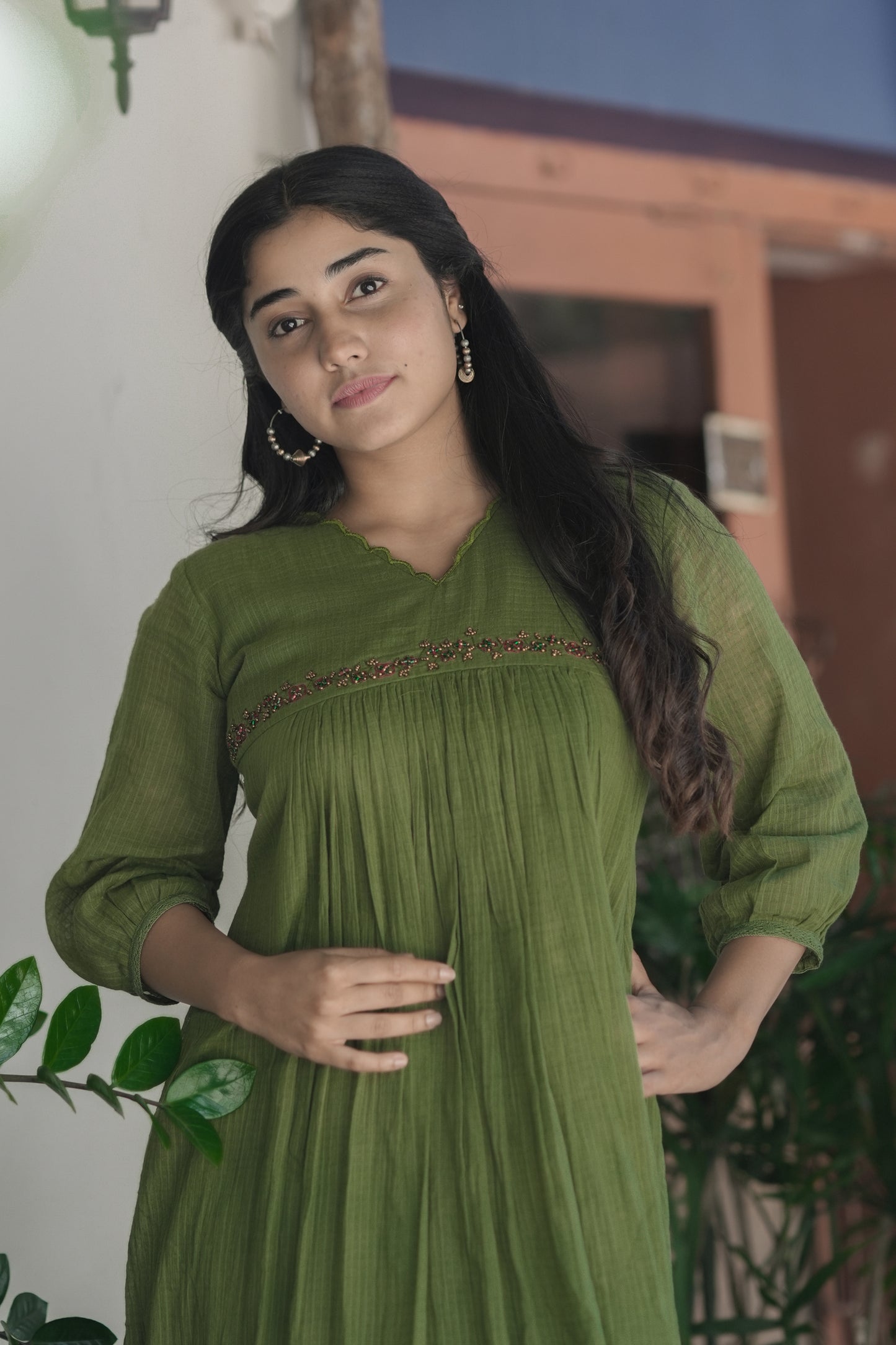 Green soft cotton kota checks kurti with scallopped neck and embroidered yoke MBS-698