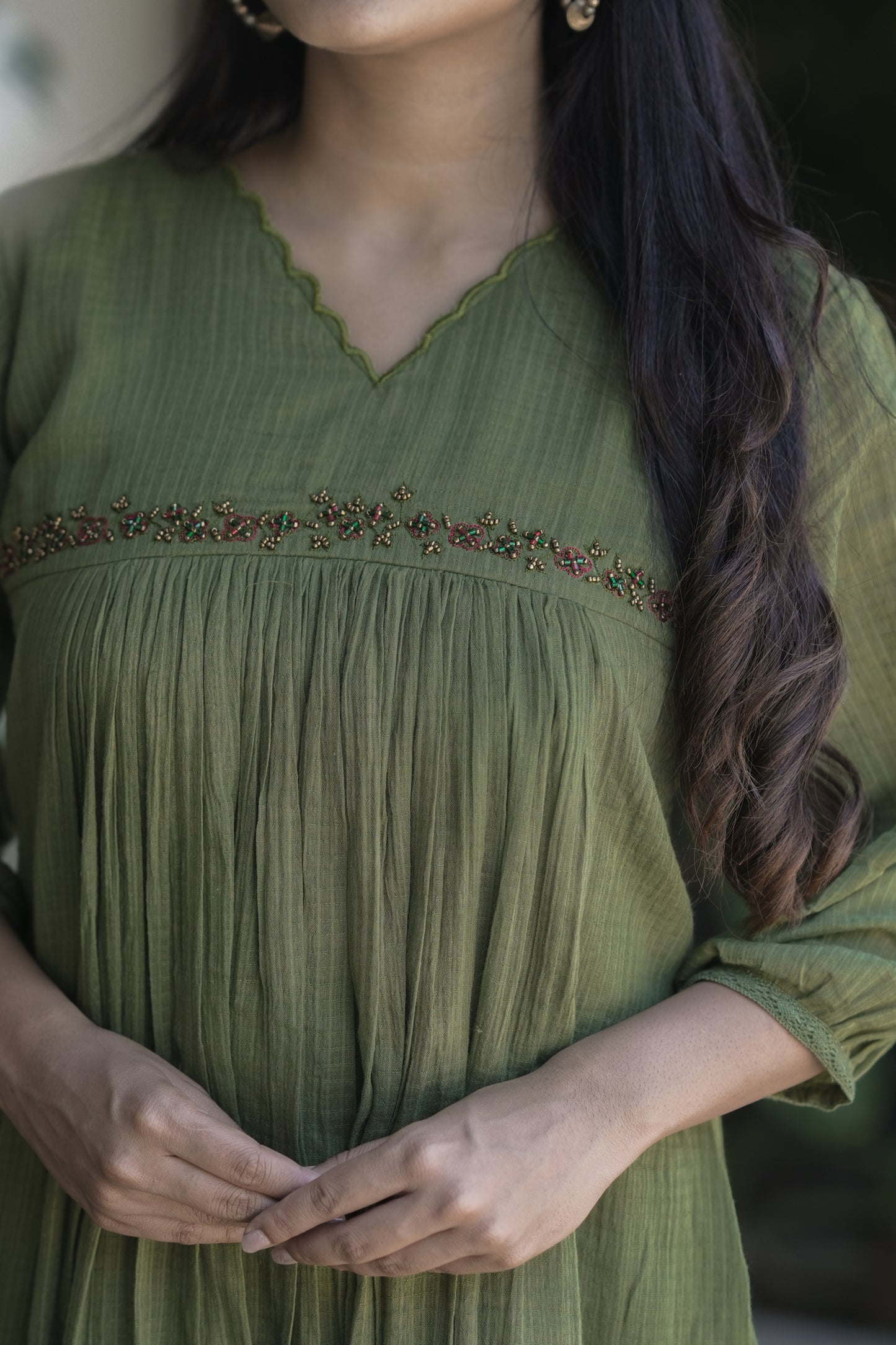 Green soft cotton kota checks kurti with scallopped neck and embroidered yoke MBS-694