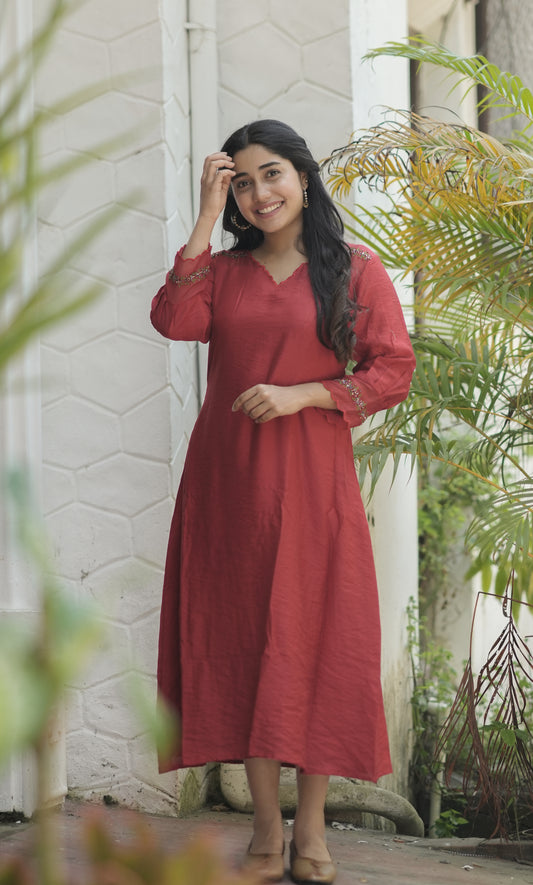 Red viscose organza kurti with scalloped neckline and handwork detailings on shoulder and sleeves MBS-706
