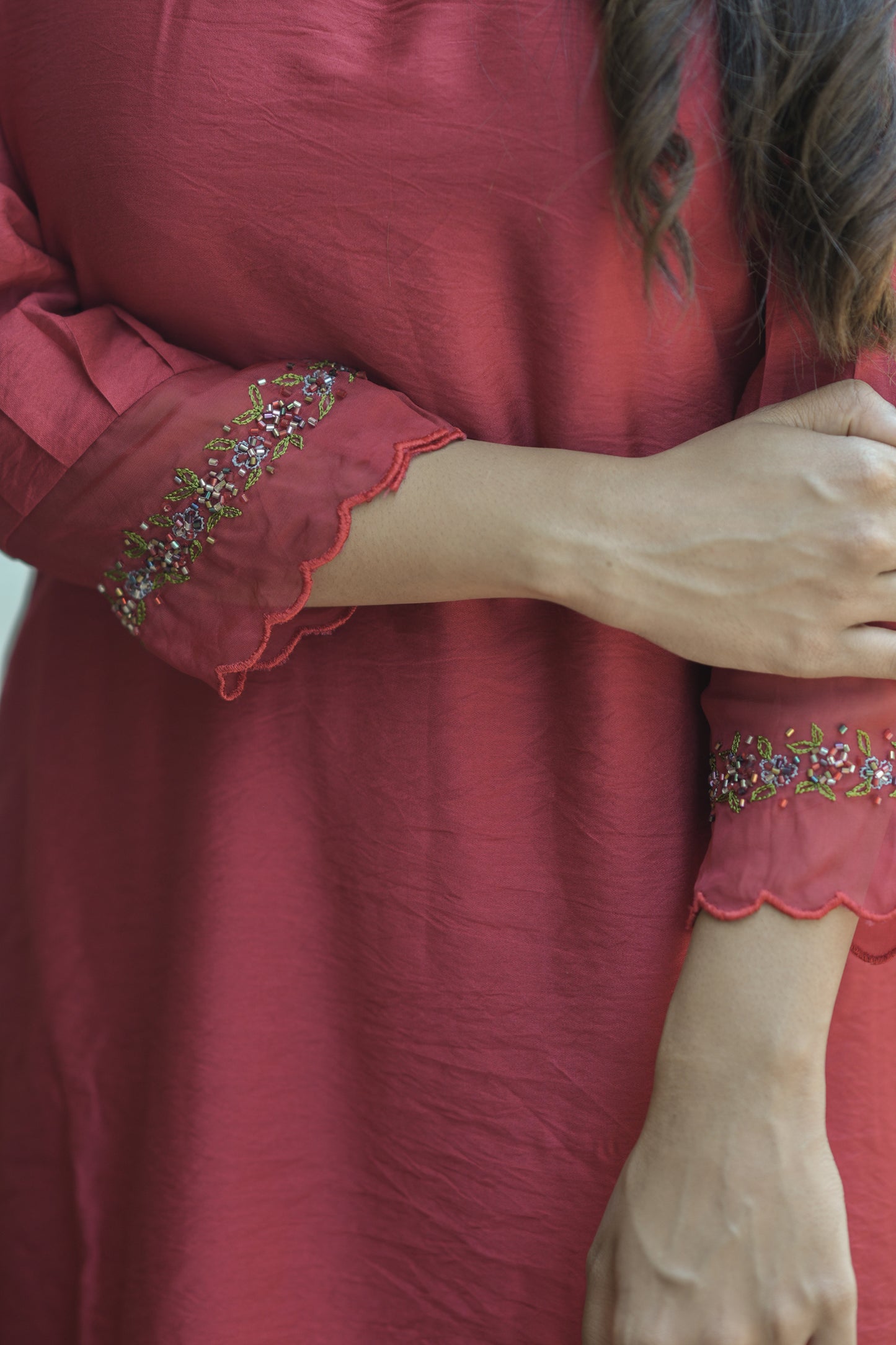 Red viscose organza kurti with scalloped neckline and handwork detailings on shoulder and sleeves MBS-706