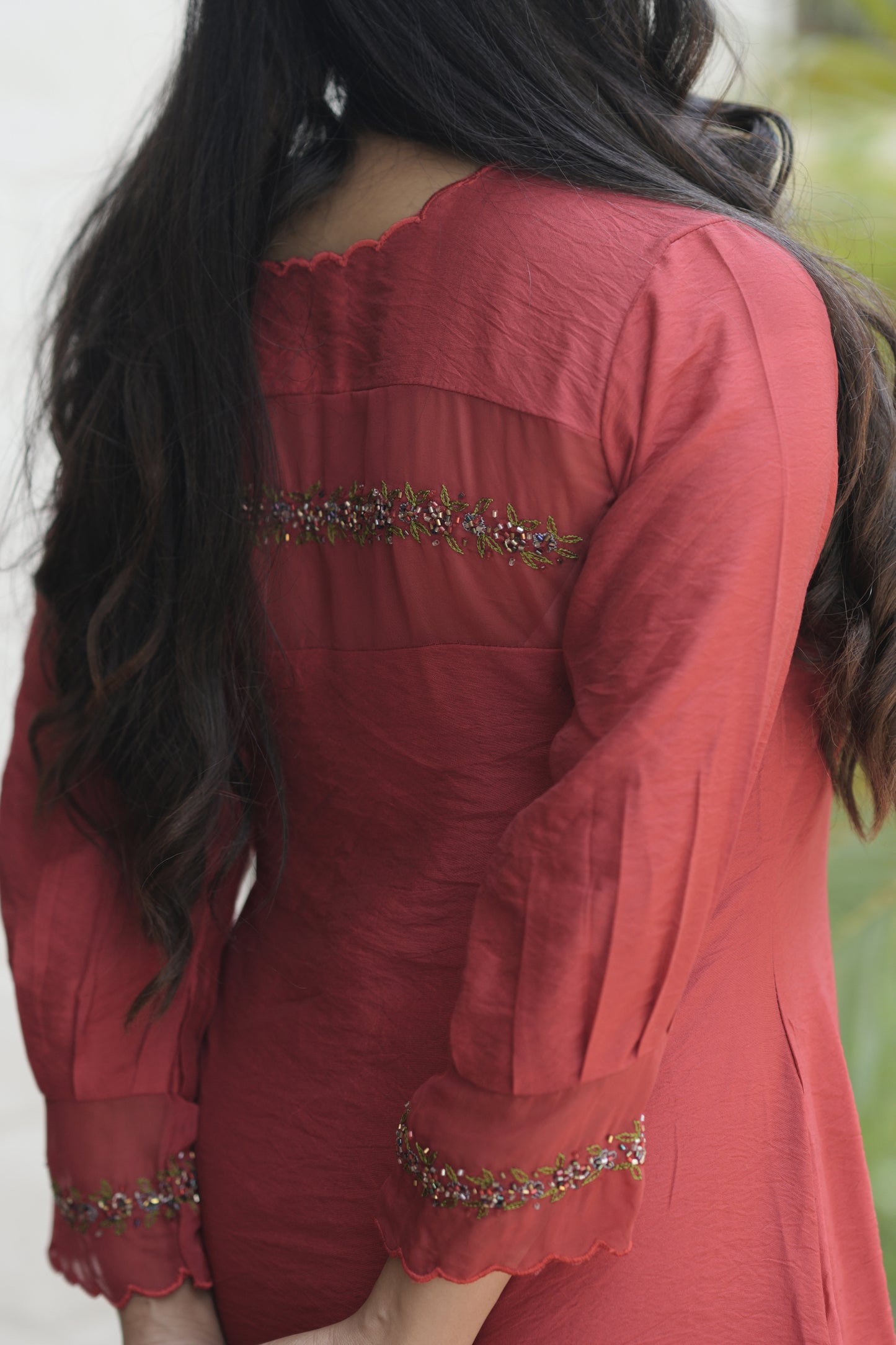 Red viscose organza kurti with scalloped neckline and handwork detailings on shoulder and sleeves MBS-706