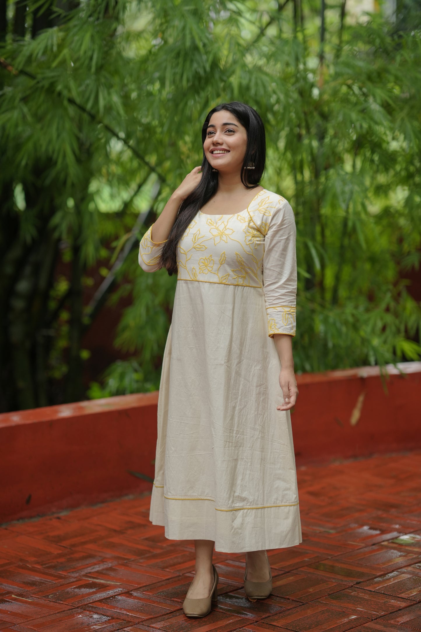 Kora cotton Aline kurti with yellow floral thread applique embroidery on yoke MBS-615