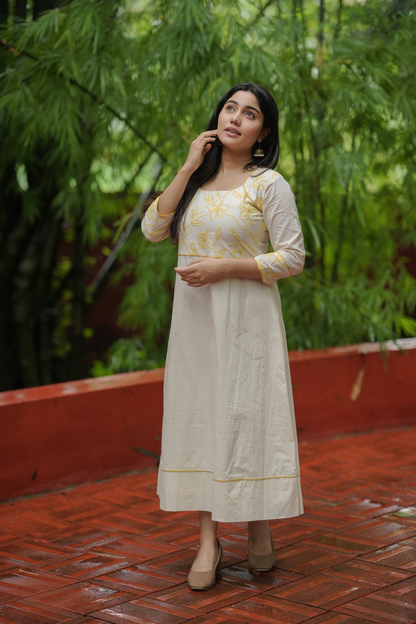 Kora cotton Aline kurti with yellow floral thread applique embroidery on yoke MBS-615