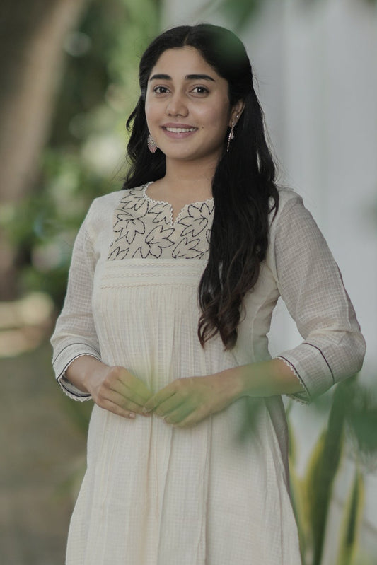 Soft cotton kota checks kurti with black floral thread embroidered yoke MBS-691