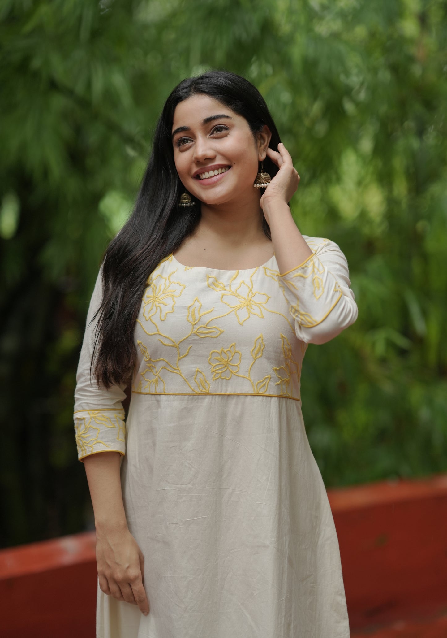 Kora cotton Aline kurti with yellow floral thread applique embroidery on yoke MBS-615