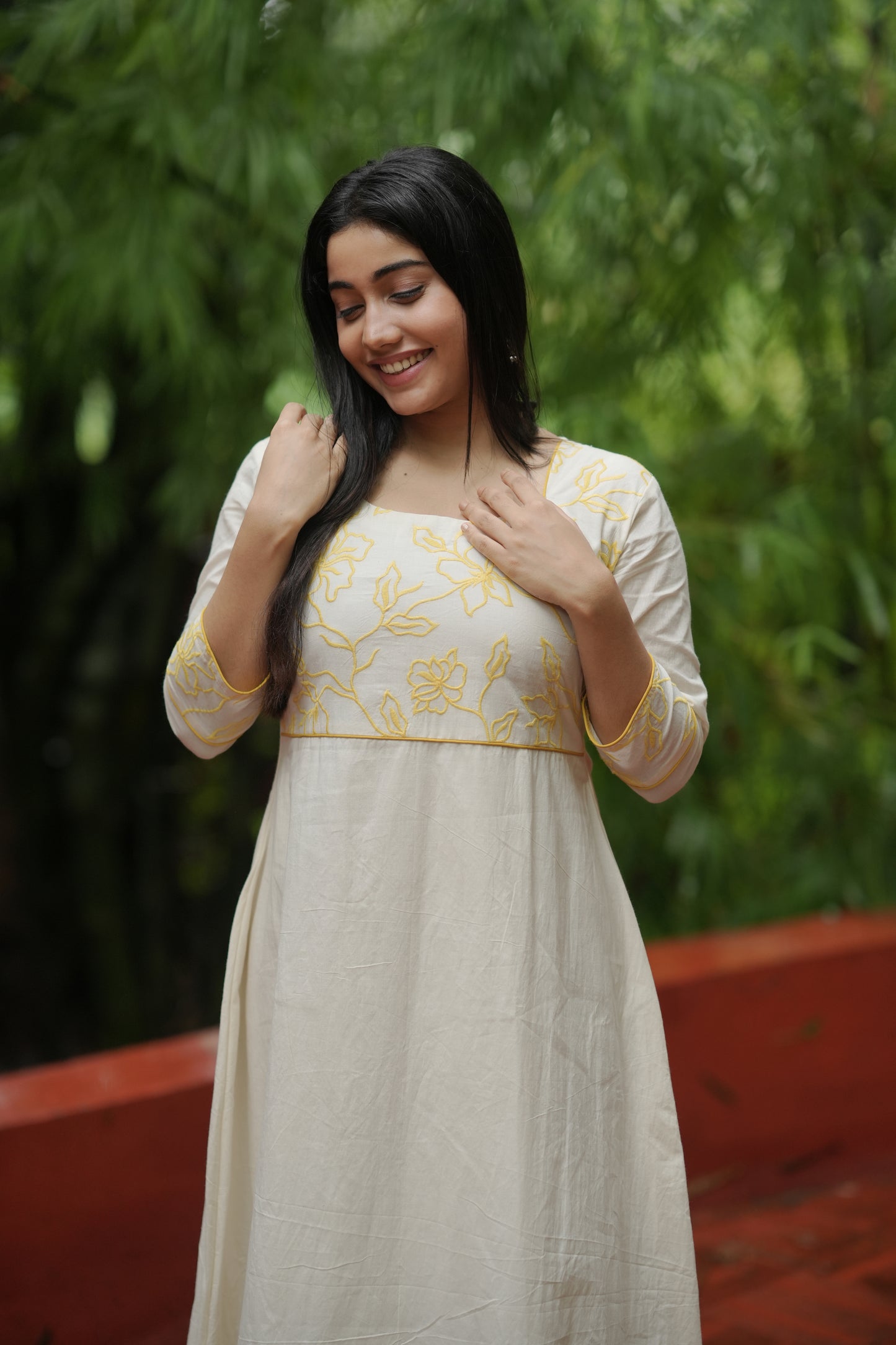 Kora cotton Aline kurti with yellow floral thread applique embroidery on yoke MBS-615