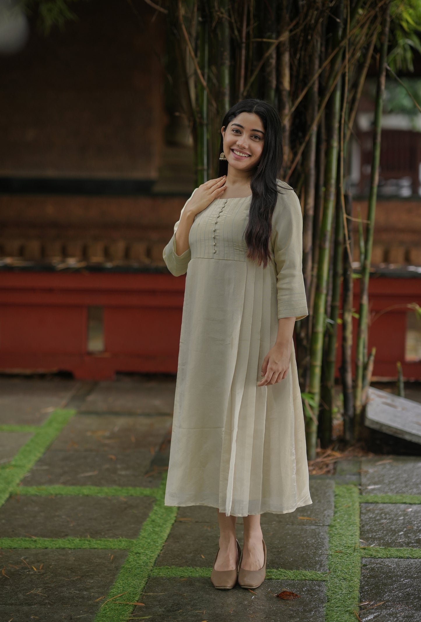 Dyeable pure soft tissue golden Aline kurti with zari detailed yoke and side pleats MBS-620