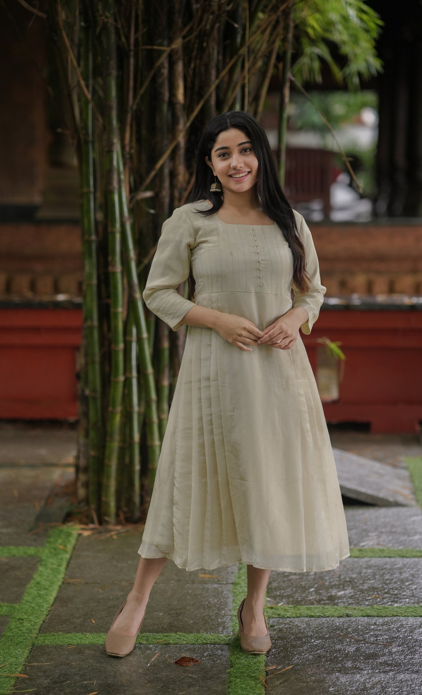 Dyeable pure soft tissue golden Aline kurti with zari detailed yoke and side pleats MBS-620