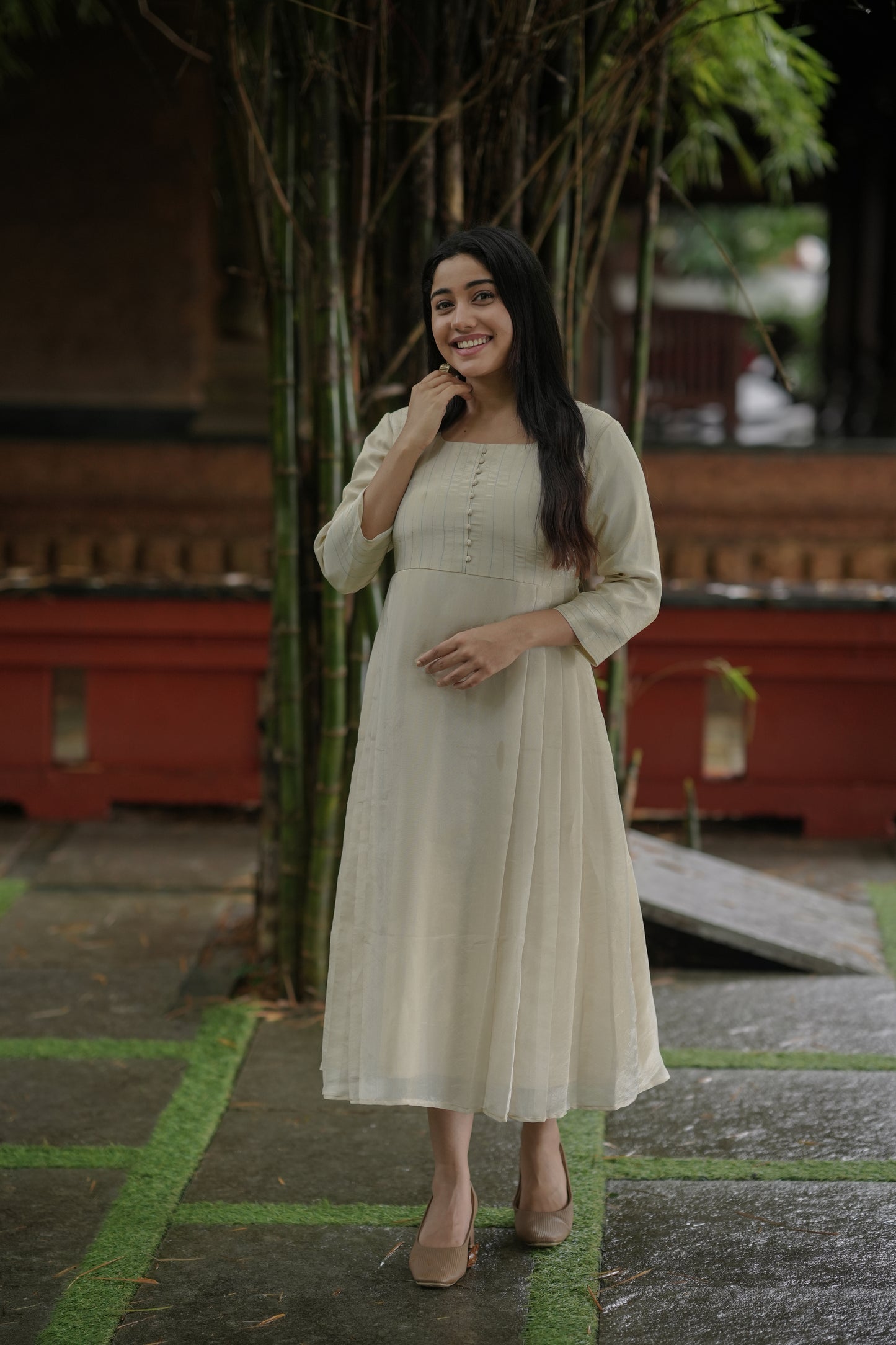 Dyeable pure soft tissue golden Aline kurti with zari detailed yoke and side pleats MBS-620