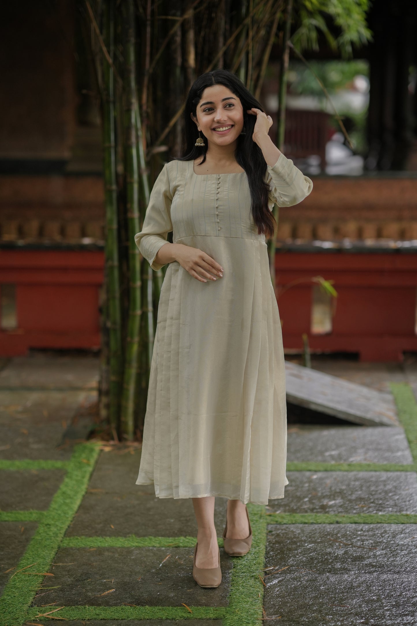 Dyeable pure soft tissue golden Aline kurti with zari detailed yoke and side pleats MBS-620