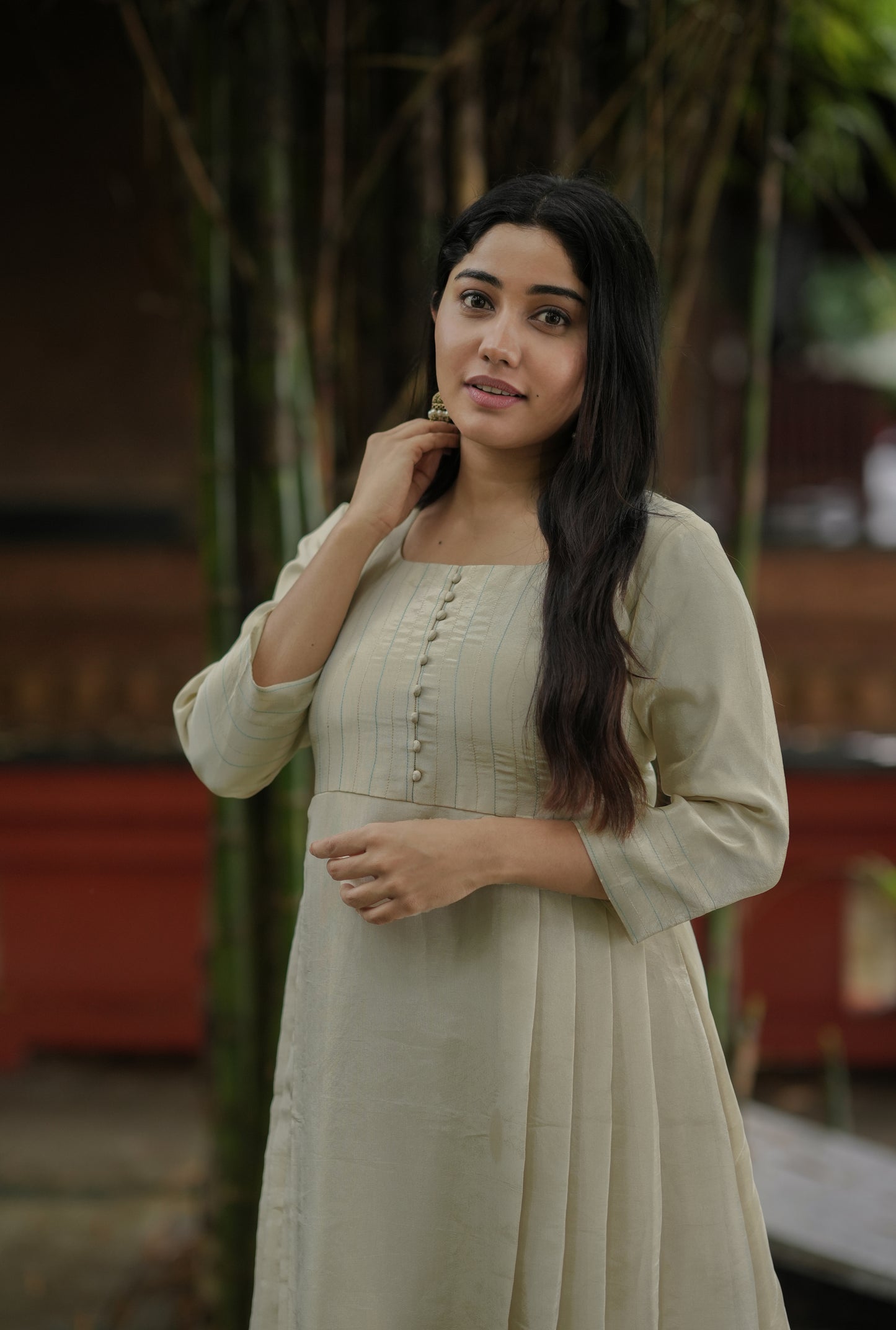 Dyeable pure soft tissue golden Aline kurti with zari detailed yoke and side pleats MBS-620