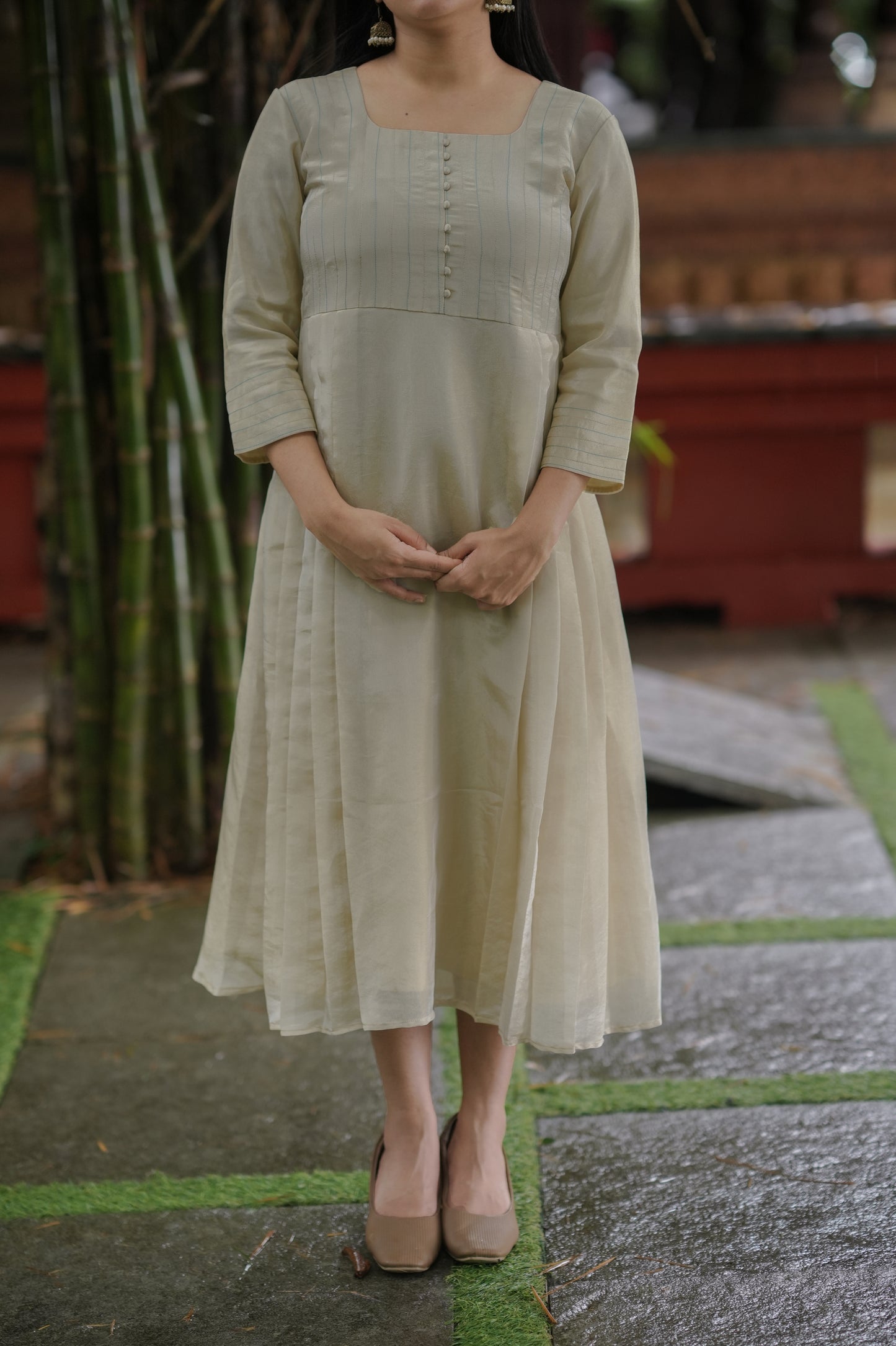 Dyeable pure soft tissue golden Aline kurti with zari detailed yoke and side pleats MBS-620
