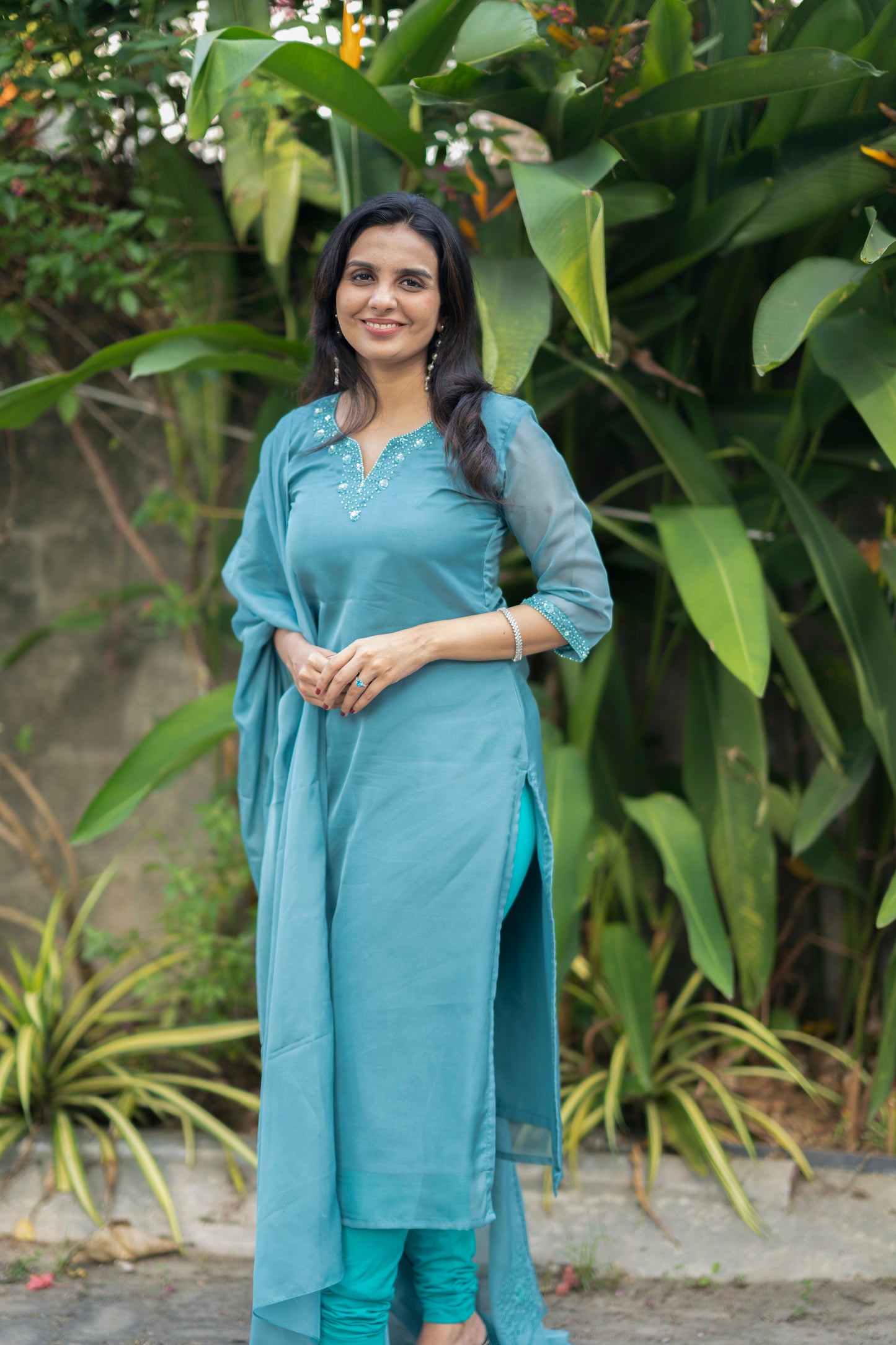 Aqua tint green shaded soft organza kurti with handworked neck and dupatta MBS-274