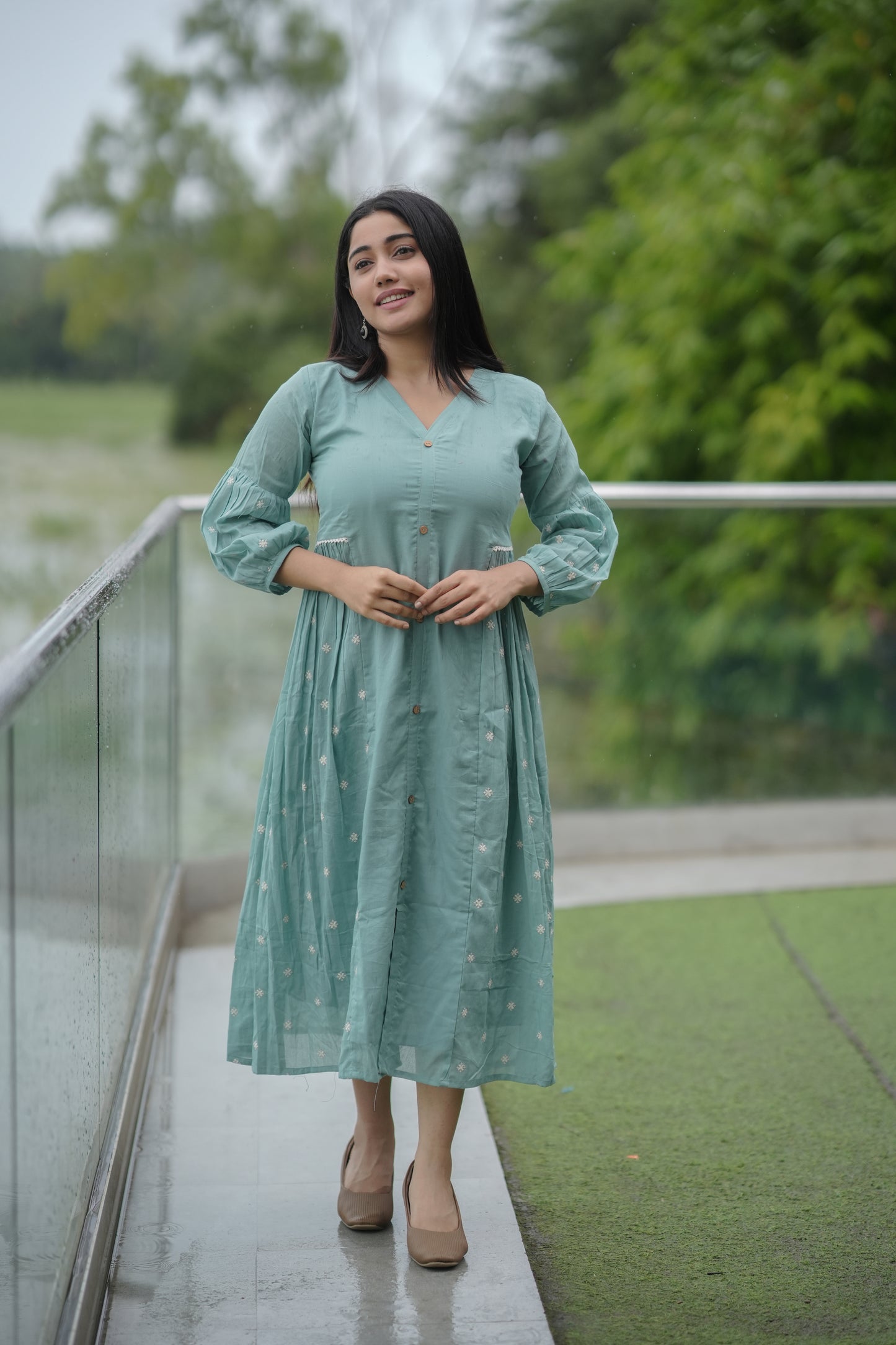 Soft mul cotton kurti/dress with embroidered side gathers in seafoam blue shade MBS-644