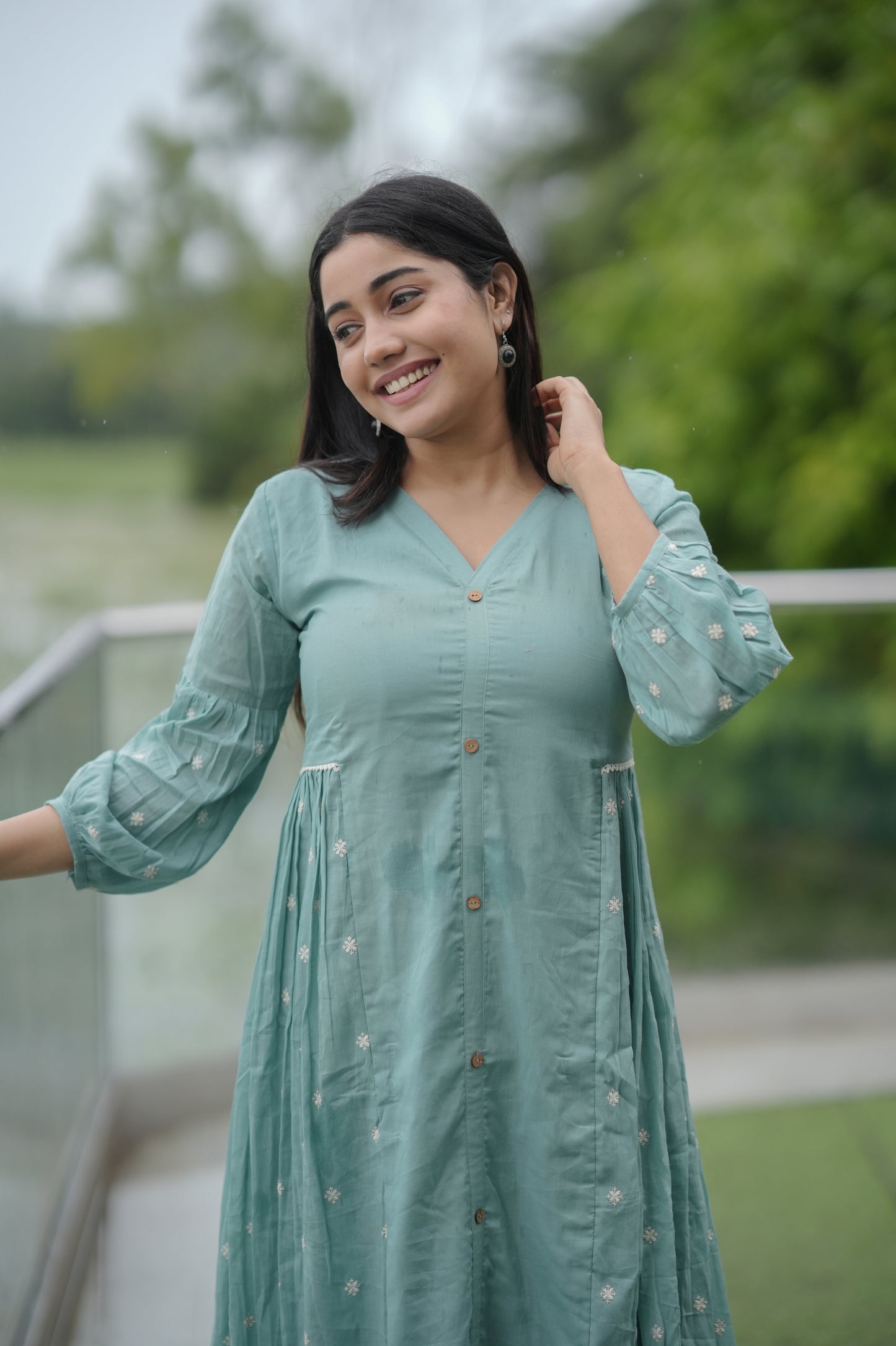 Soft mul cotton kurti/dress with embroidered side gathers in seafoam blue shade MBS-644