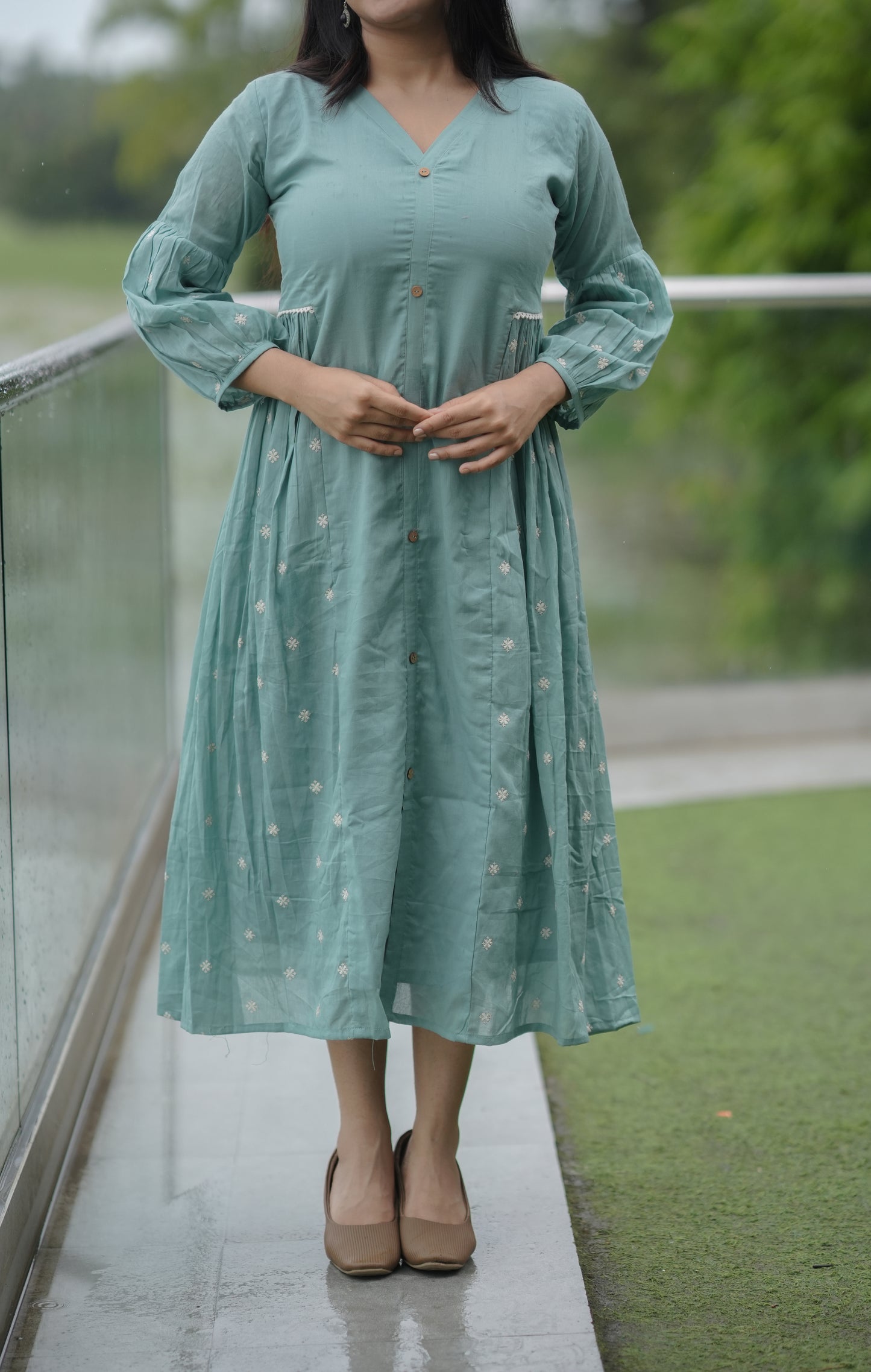 Soft mul cotton kurti/dress with embroidered side gathers in seafoam blue shade MBS-644