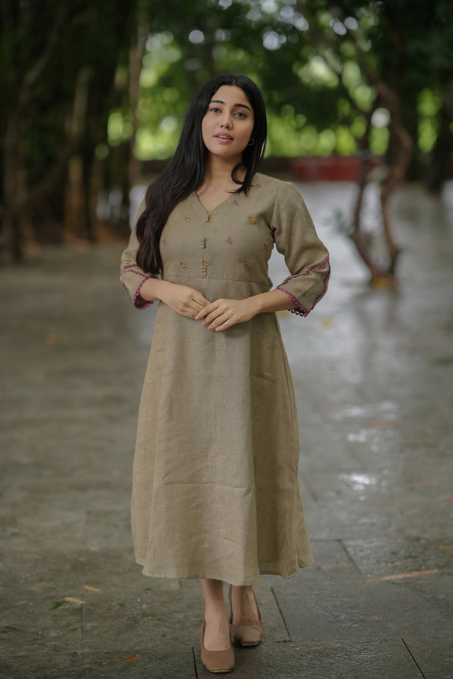 Semi cotton linen mix kurti/ dress with lace detailings in jute shade MBS-656