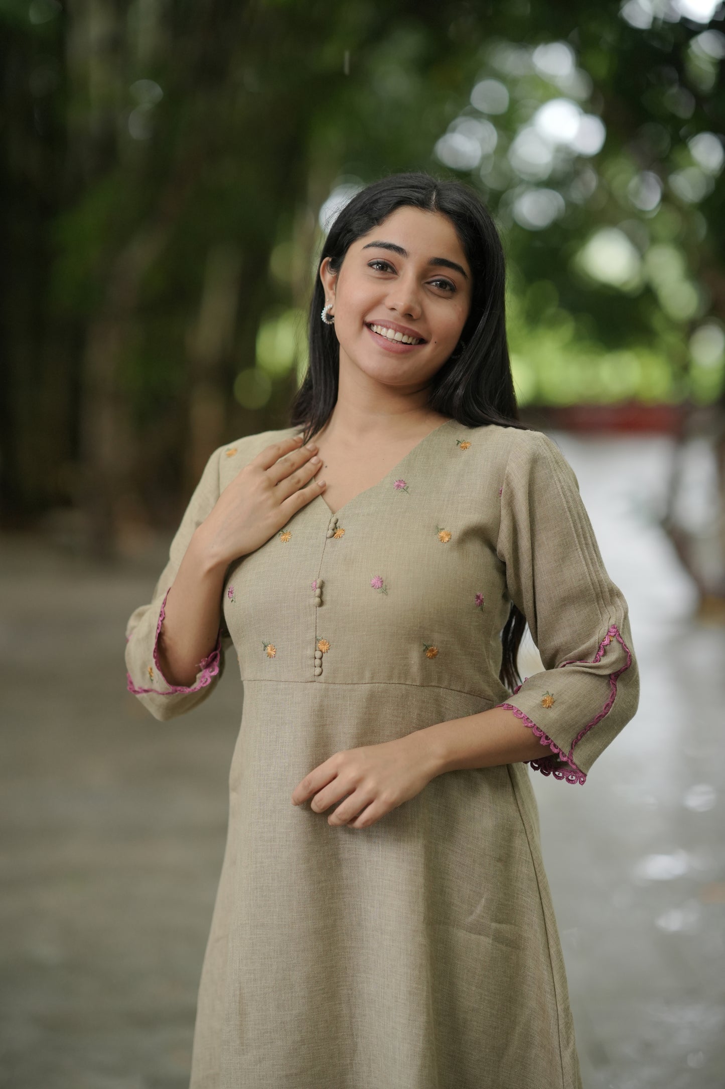 Semi cotton linen mix kurti/ dress with lace detailings in jute shade MBS-656