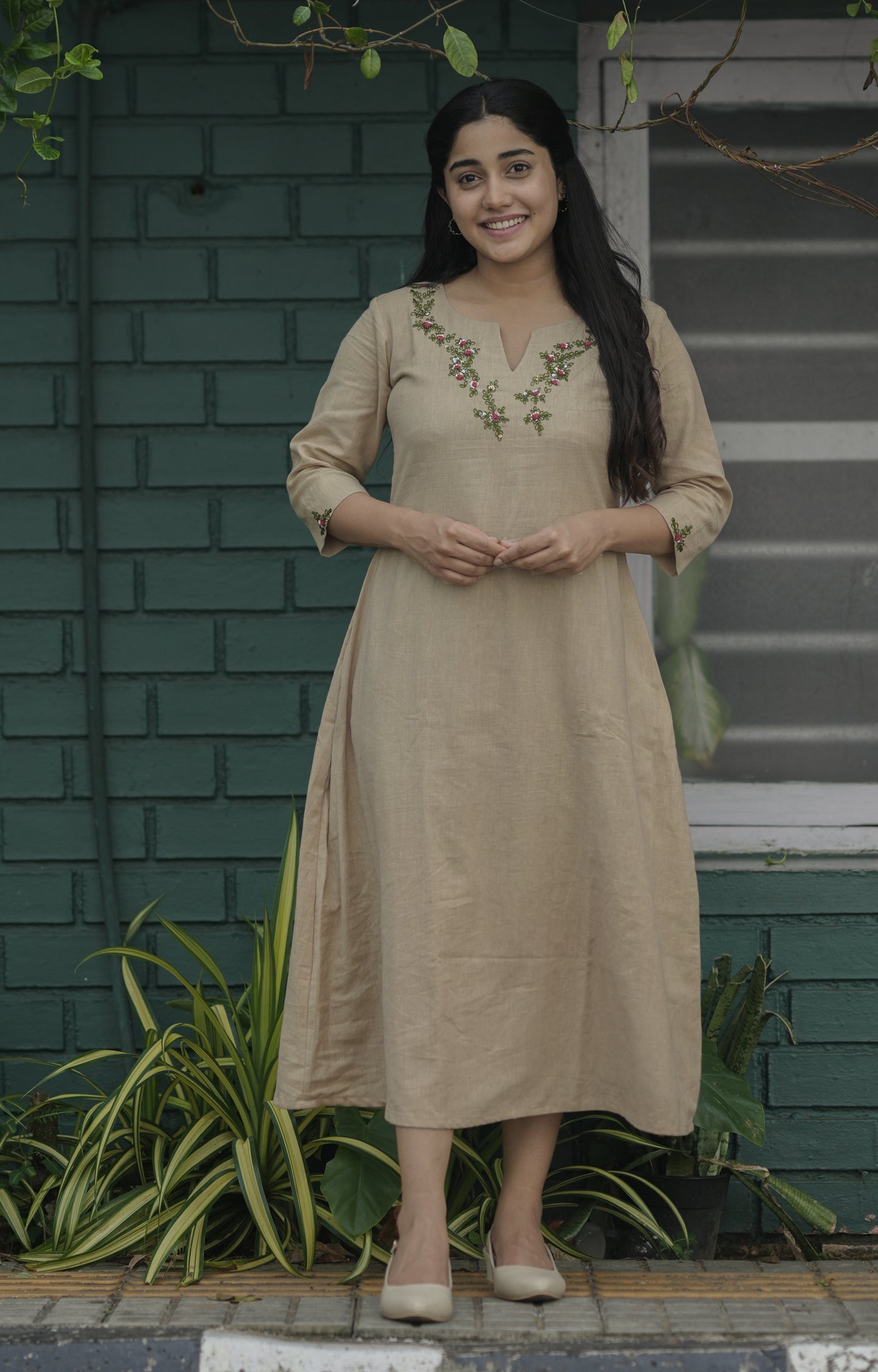 Dark beige cotton flex kurti with green and red handwork detailings on neckline MBS-702