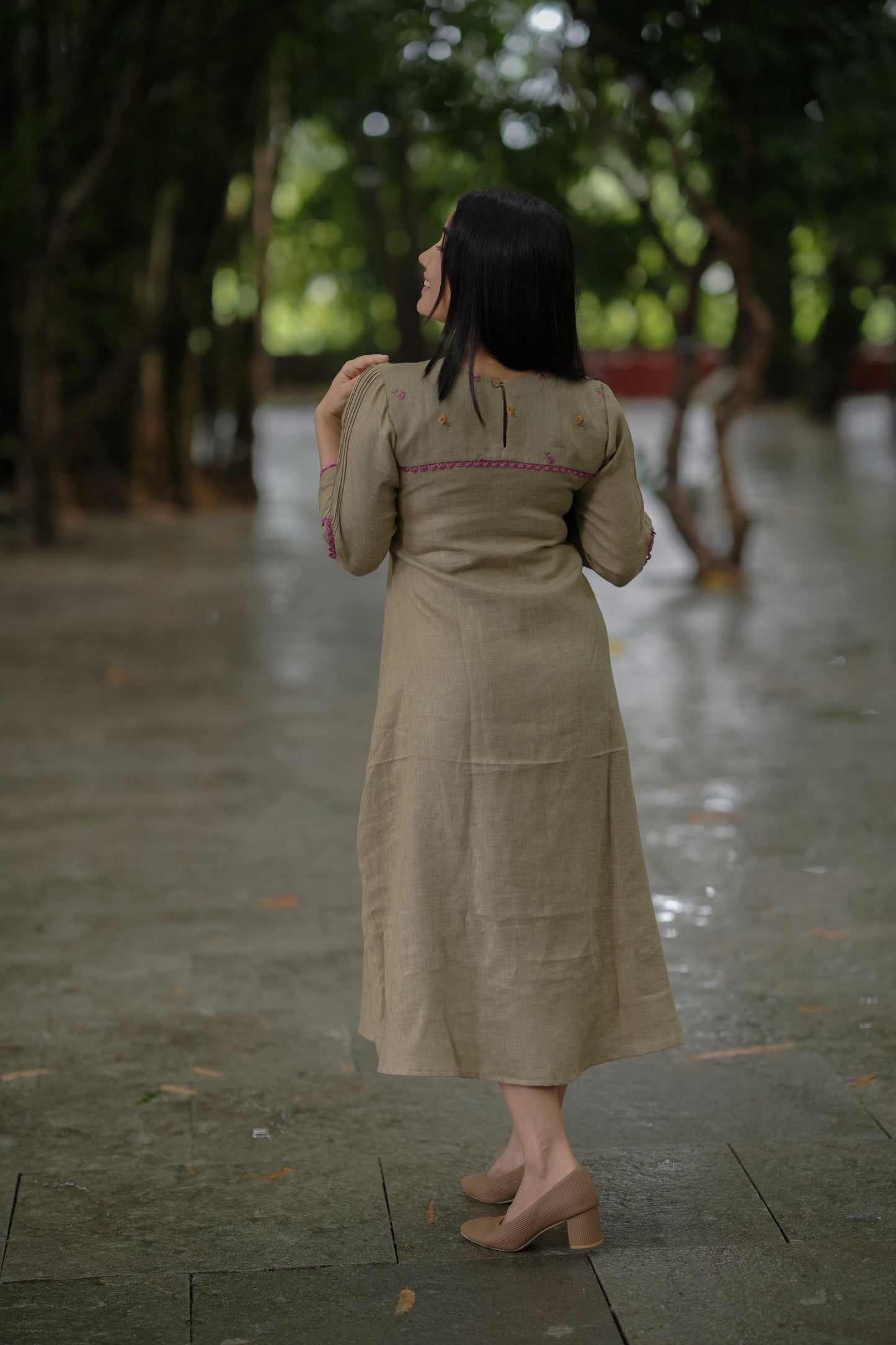 Semi cotton linen mix kurti/ dress with lace detailings in jute shade MBS-656