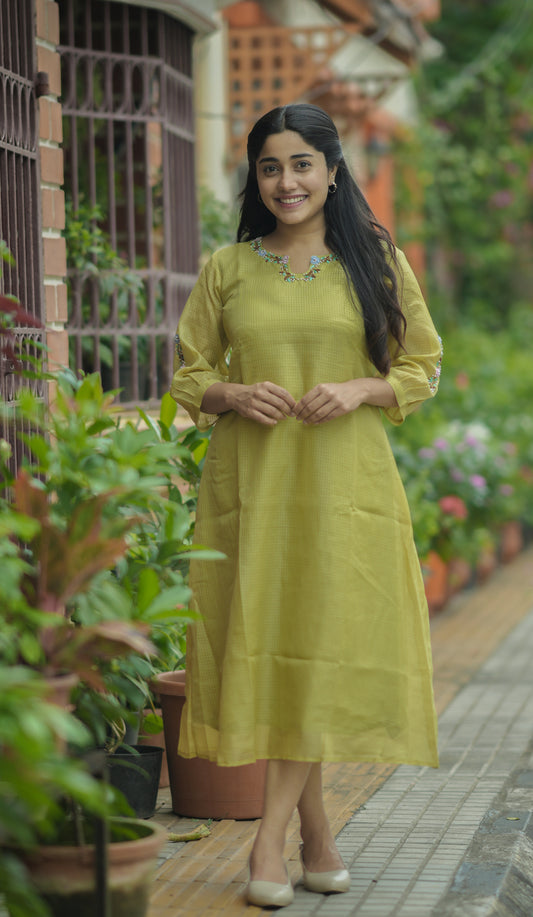 Green semi kota checks Aline kurti with handworked neckline and sleeves MBS-710