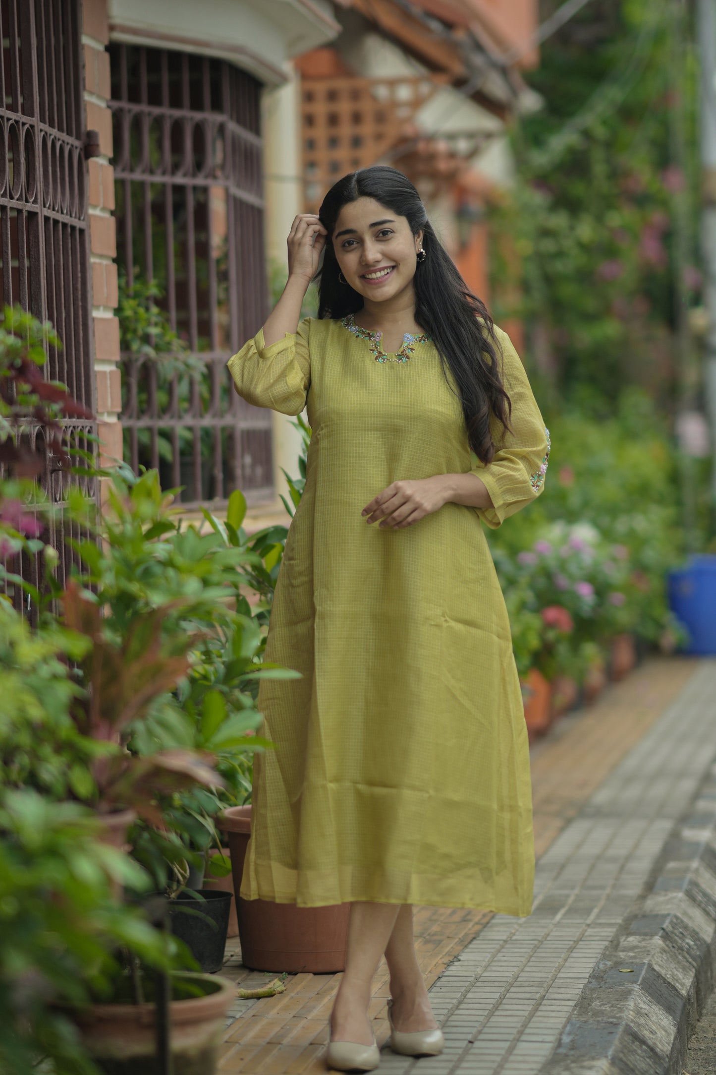 Green semi kota checks Aline kurti with handworked neckline and sleeves MBS-710