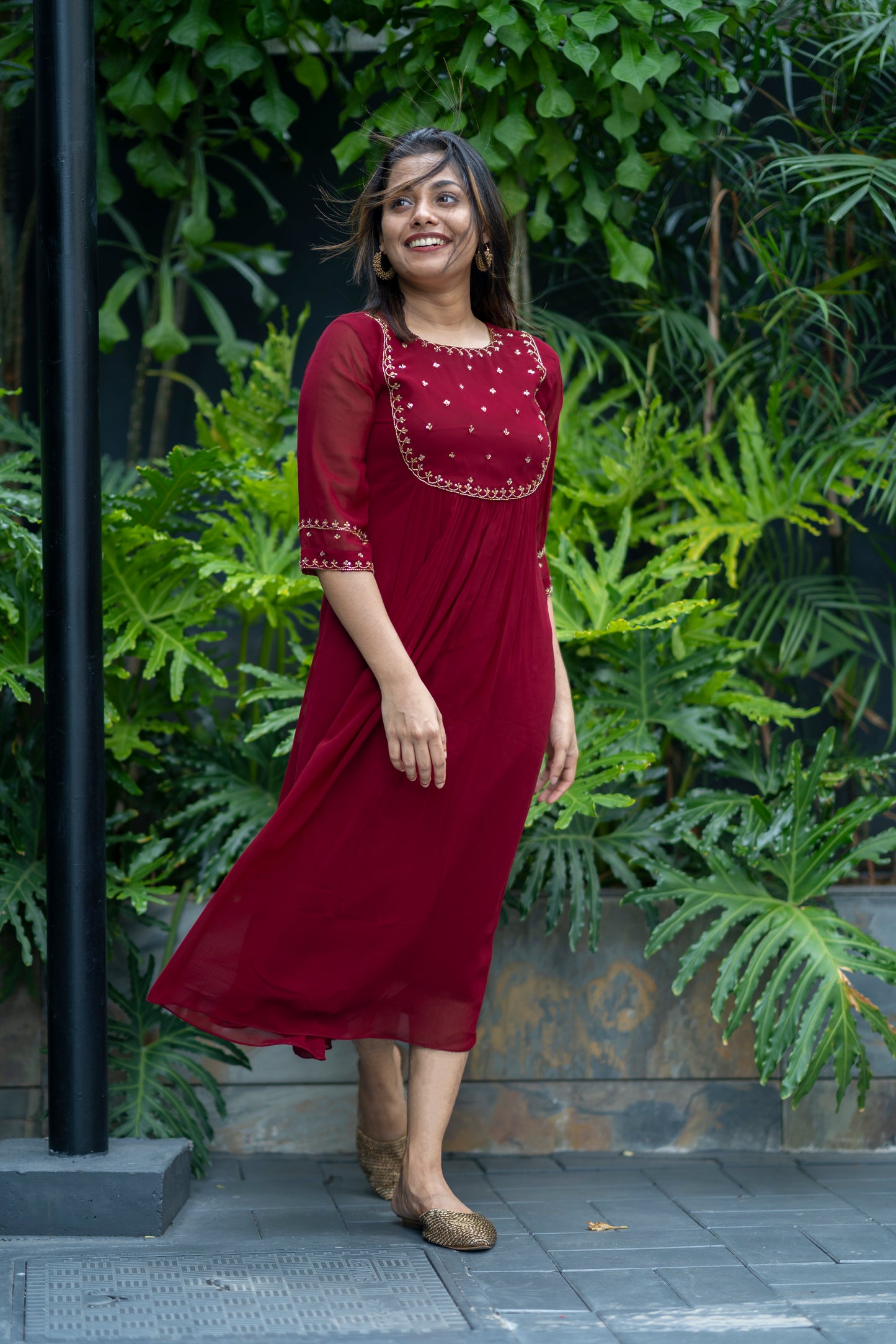 Dark maroon shaded georgette Aline kurti with handworked yoke MBS-362