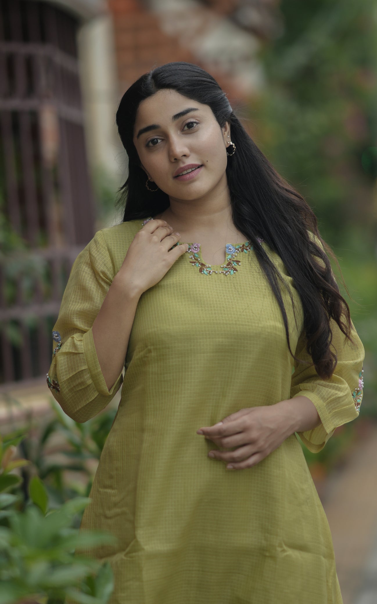 Green semi kota checks Aline kurti with handworked neckline and sleeves MBS-710