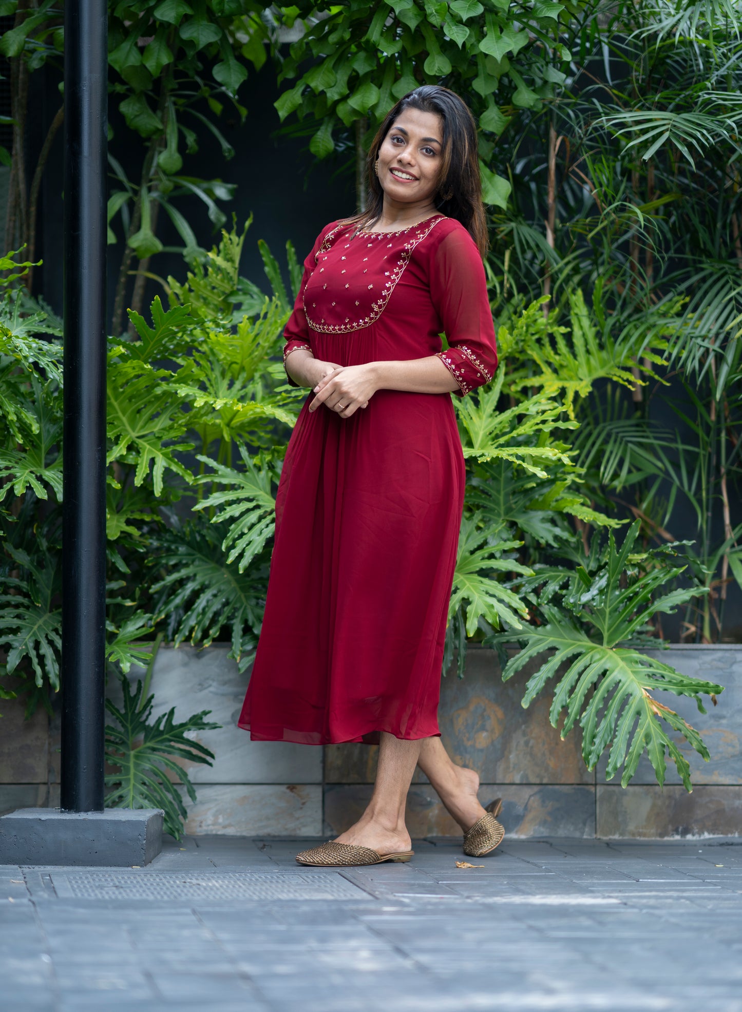 Dark maroon shaded georgette Aline kurti with handworked yoke MBS-362